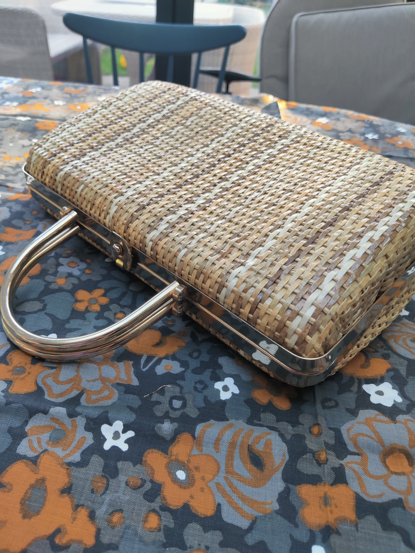 50's rattan handbag with gold trim