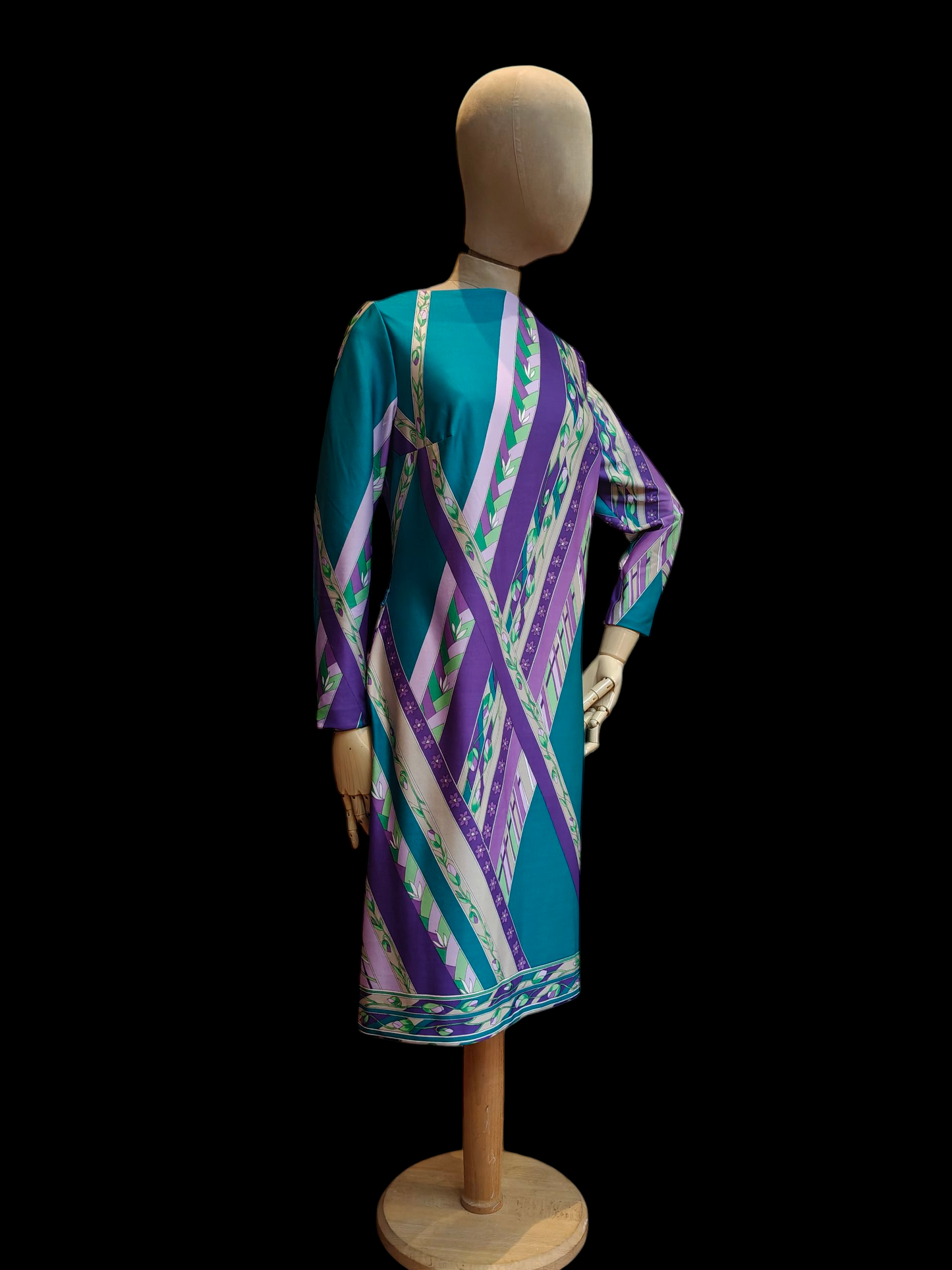60's midi dress in blue purple and white retro print
