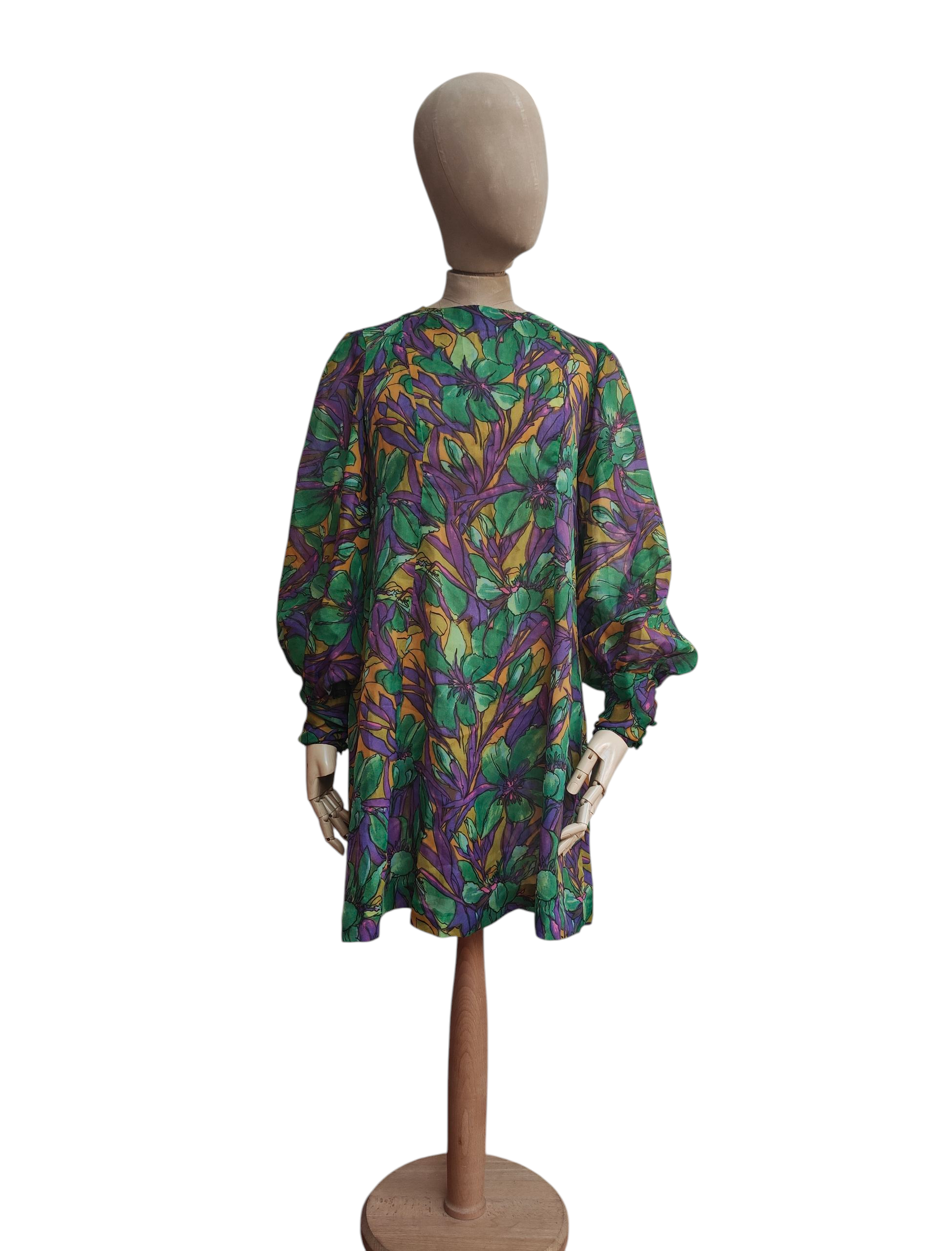 70's long sleeve mini dress in purple, orange and green floral print