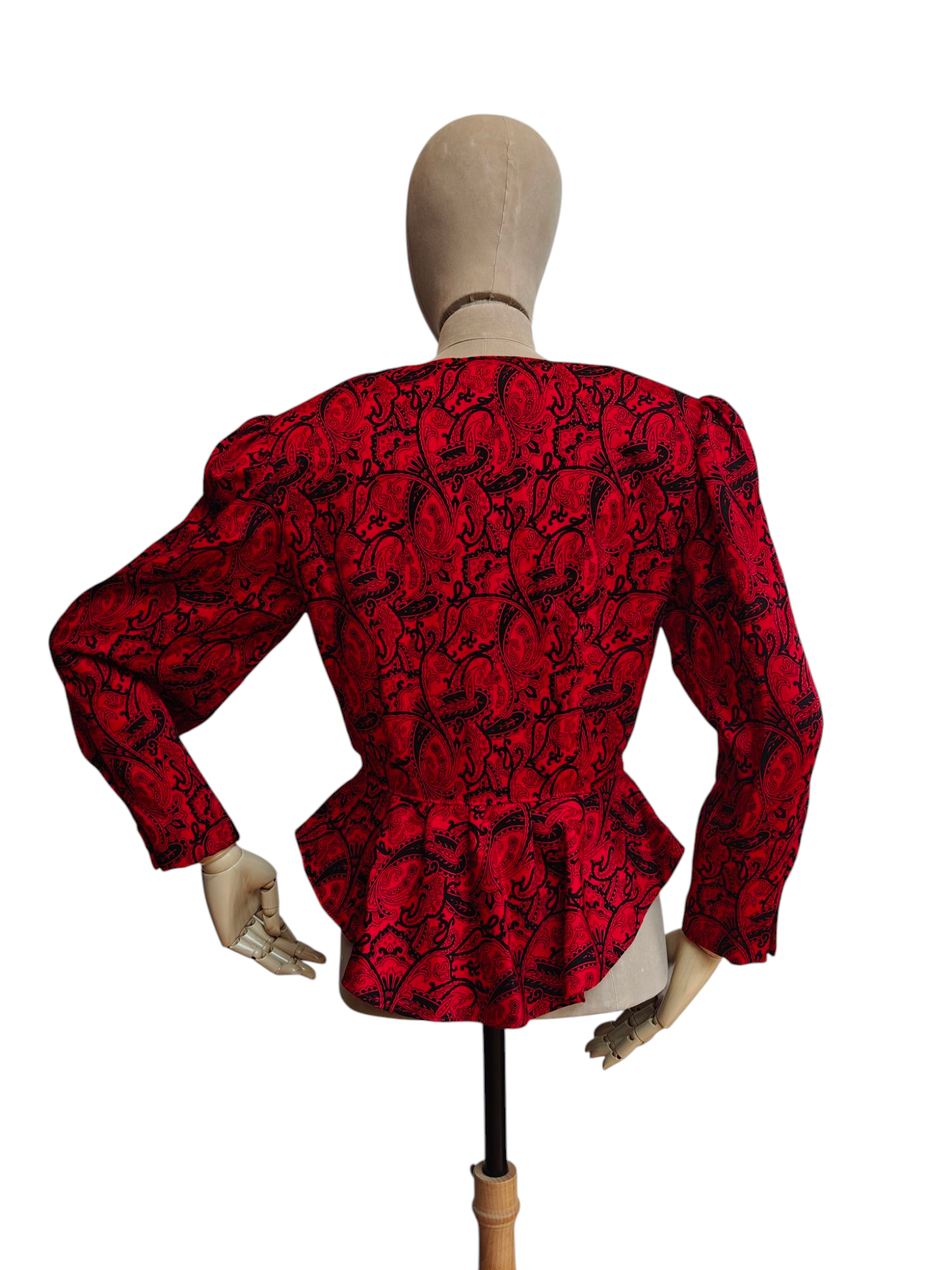 80's peplum top in red and black paisley design