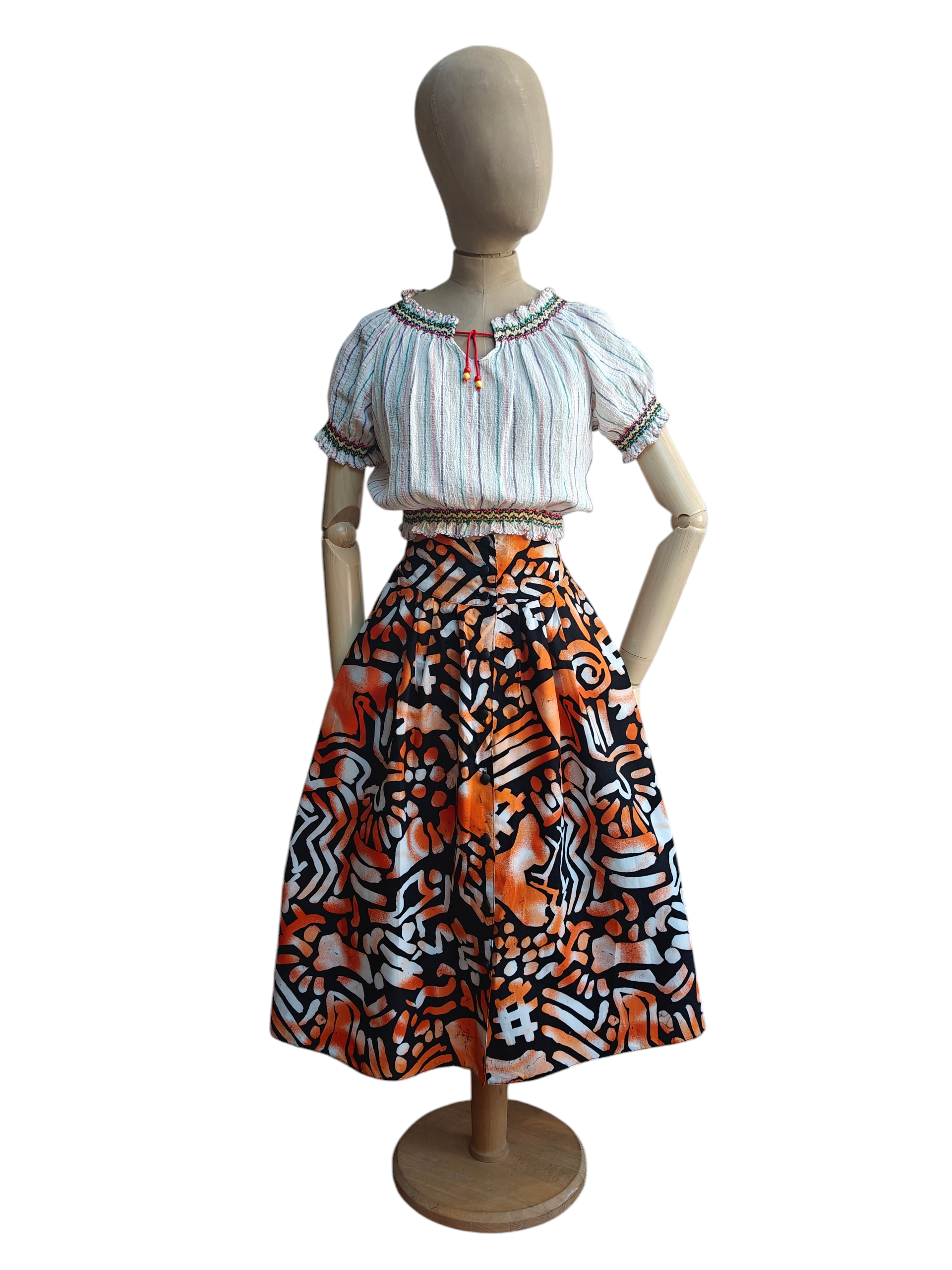 80s abstract midi skirt in black, white and orange