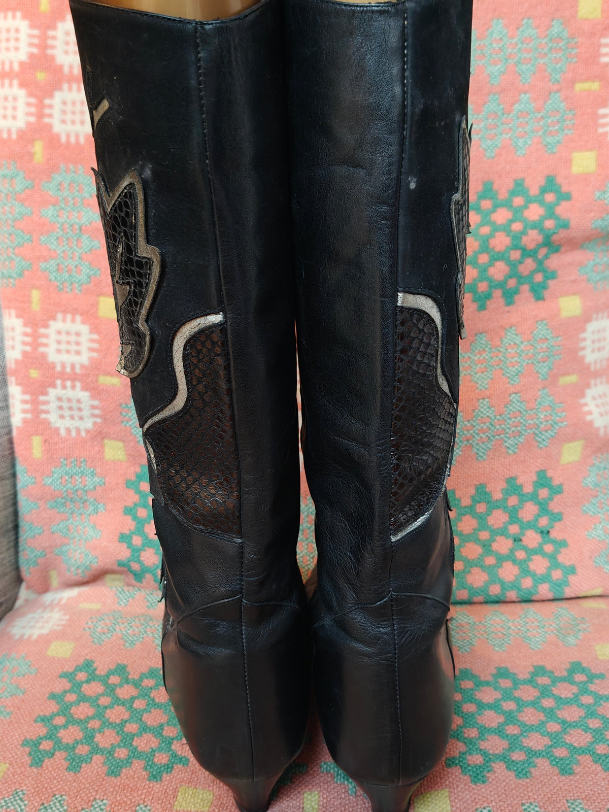 80s knee high boots with textured panels