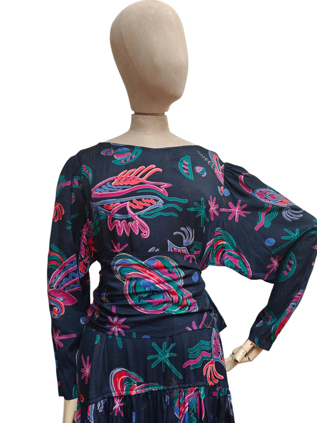 Adini dress with waist tie detail in navy & pink print