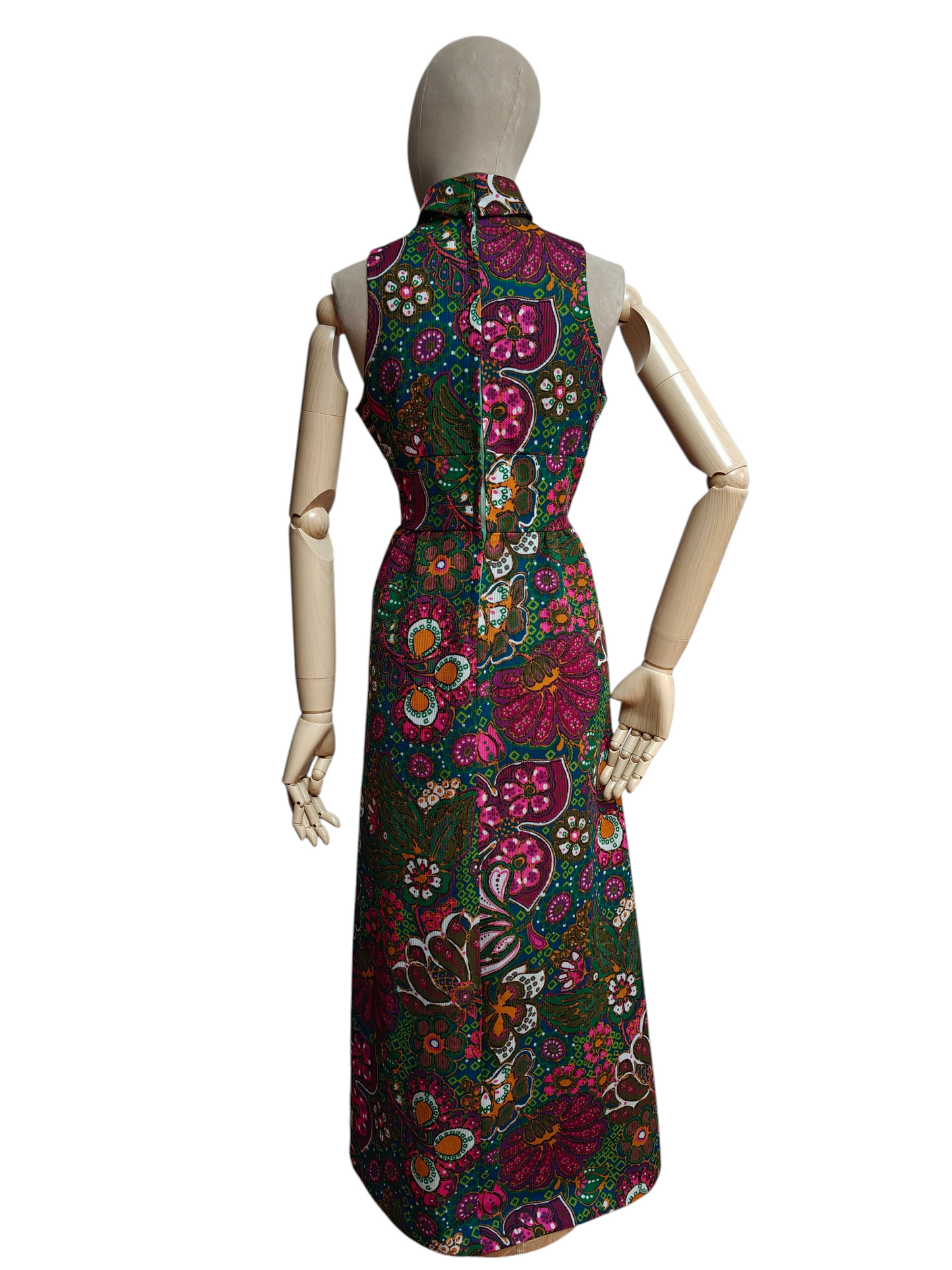 Back of vintage maxi dress with high neck
