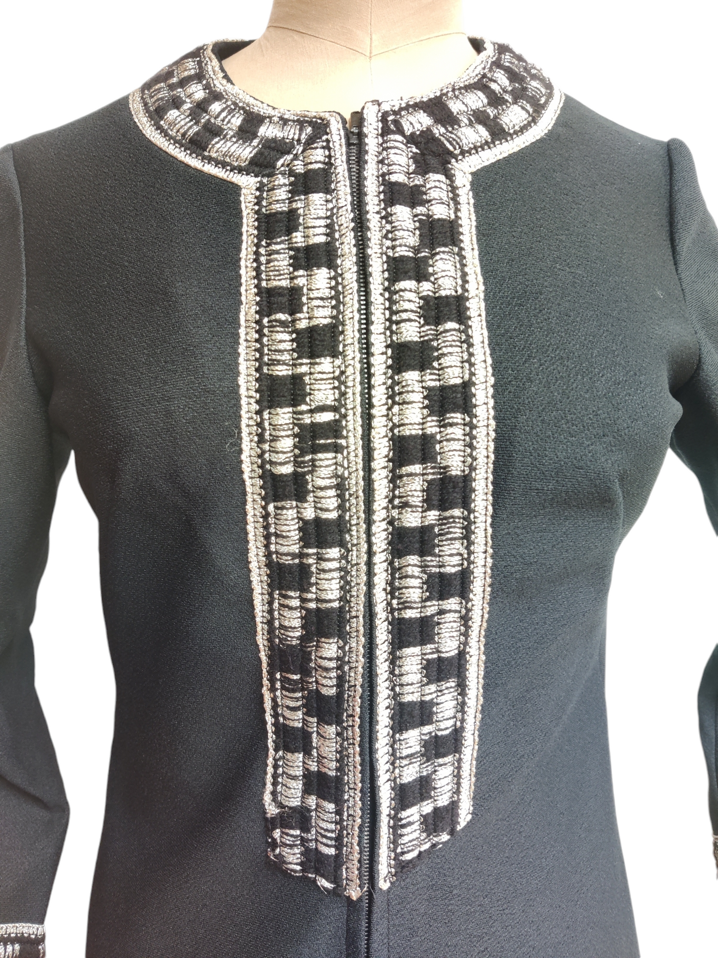 Black 70s dress with silver woven trim