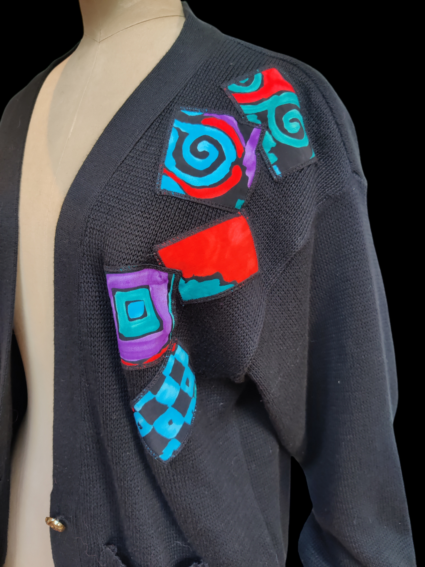 Black 80's cardigan with colourful applique