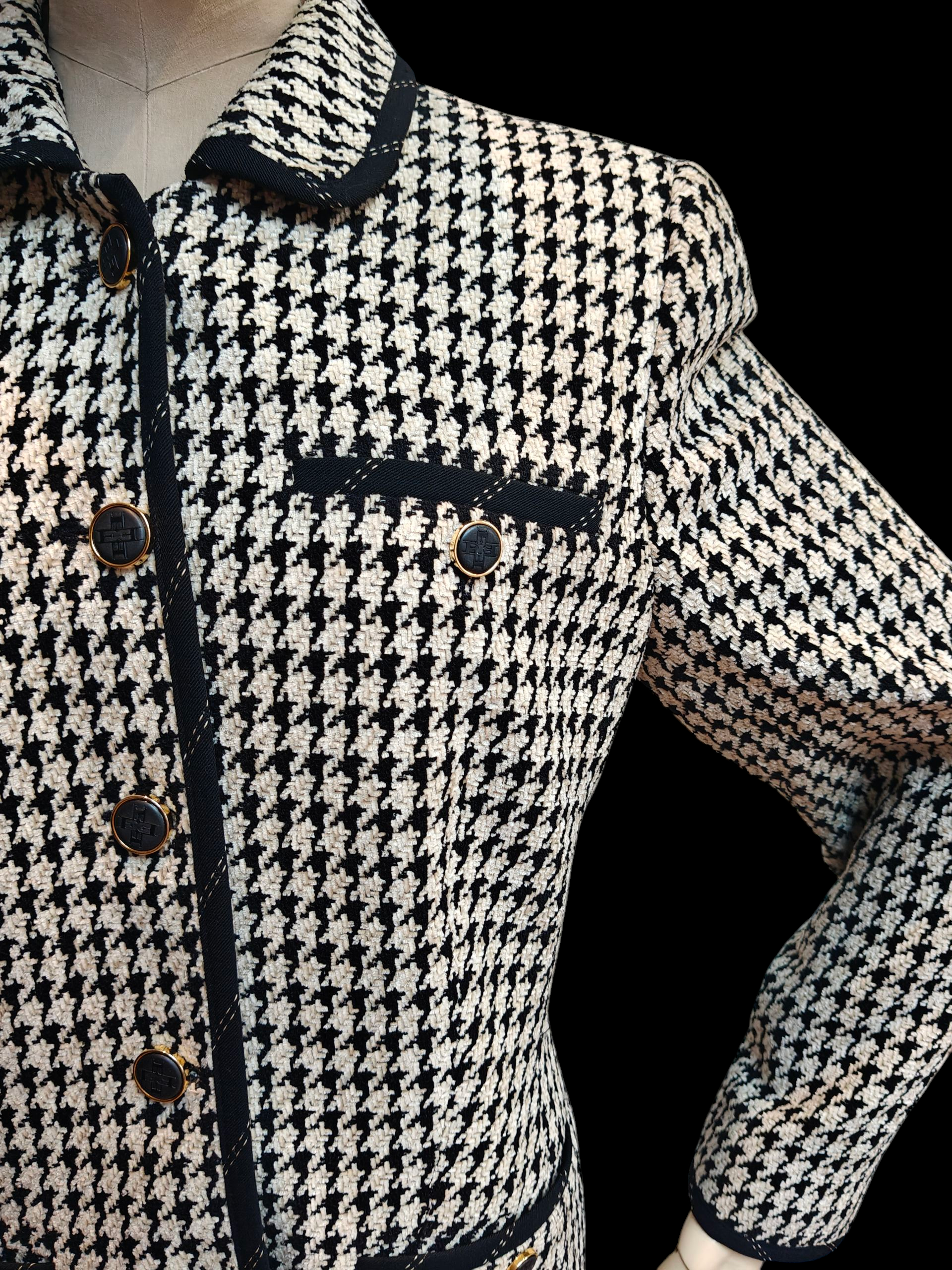 Black and white dogtooth vintage jacket with black and gold buttons