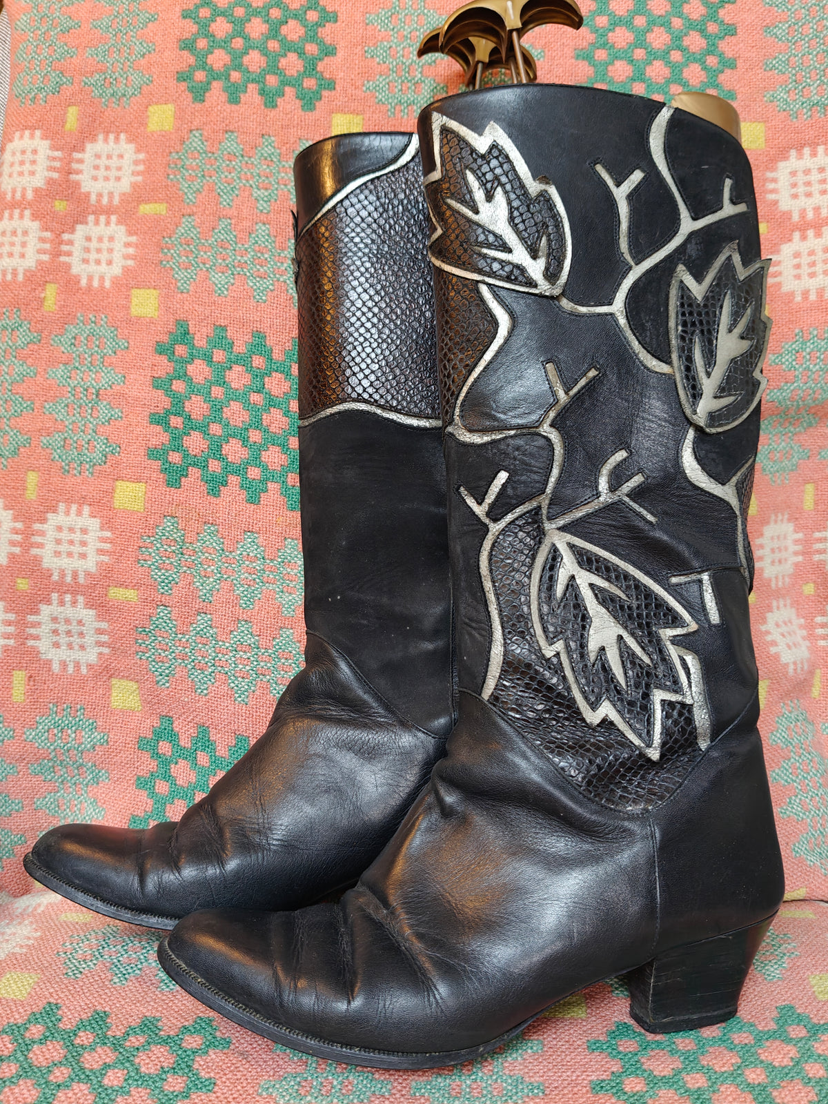 Black leather knee high vintage boots with suede and snake panels