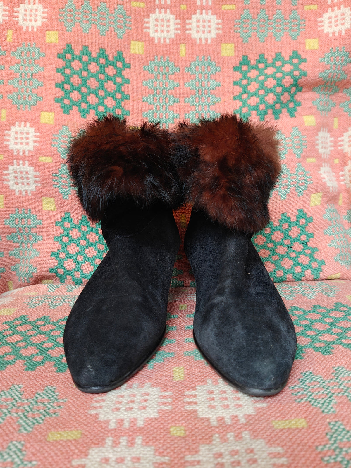 Black suede 80s boots with brown fur ankles