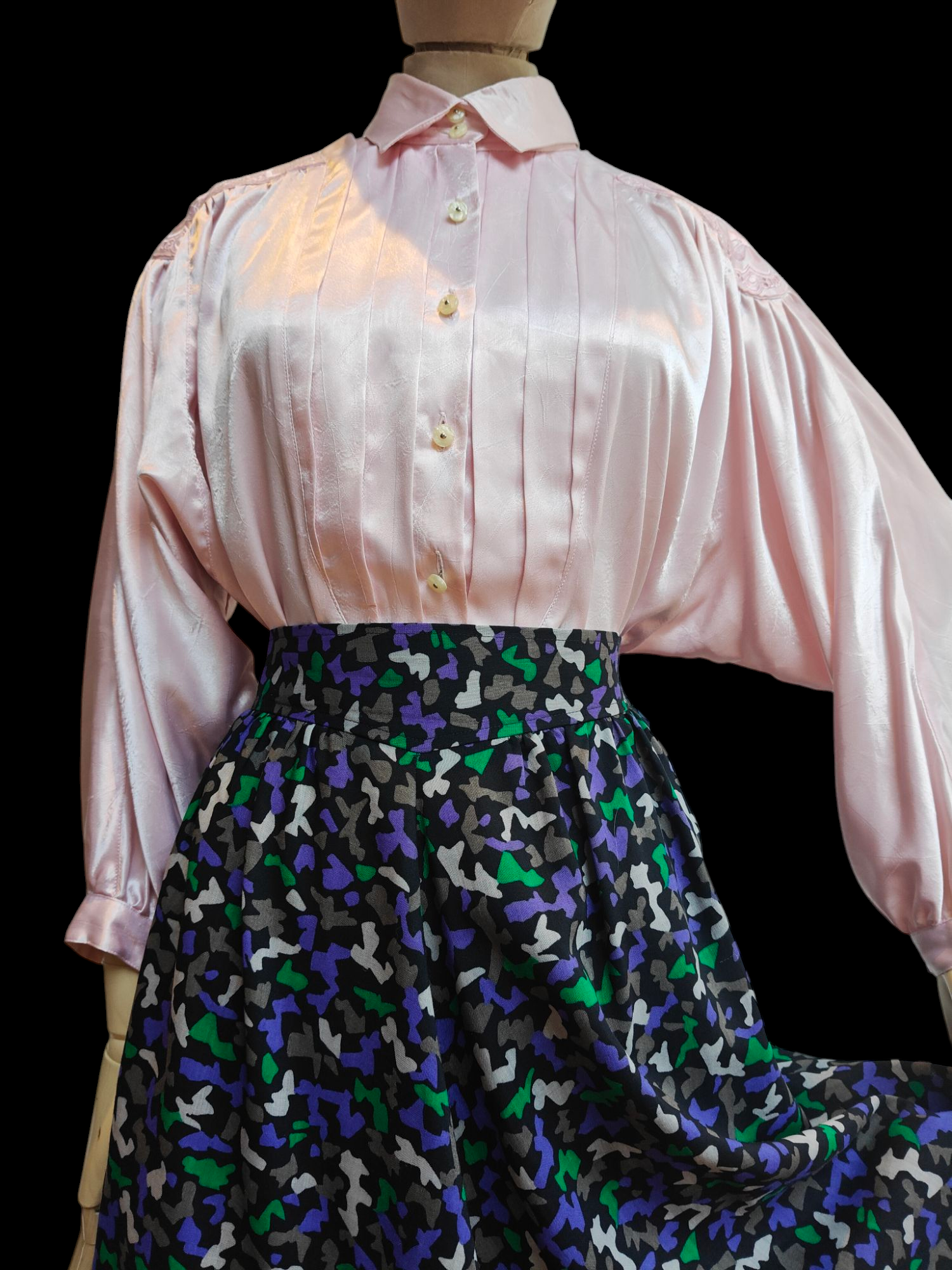 Black vintage maxi skirt with grey green and blue print