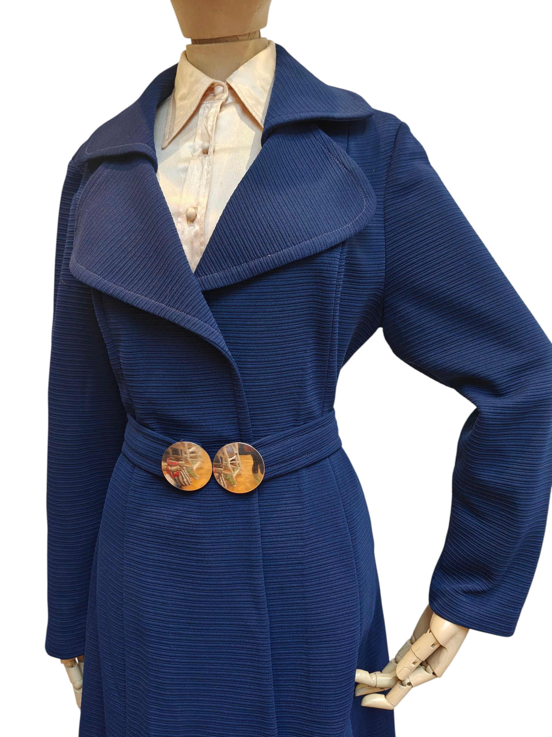 Blue vintage midi length jacket with belt