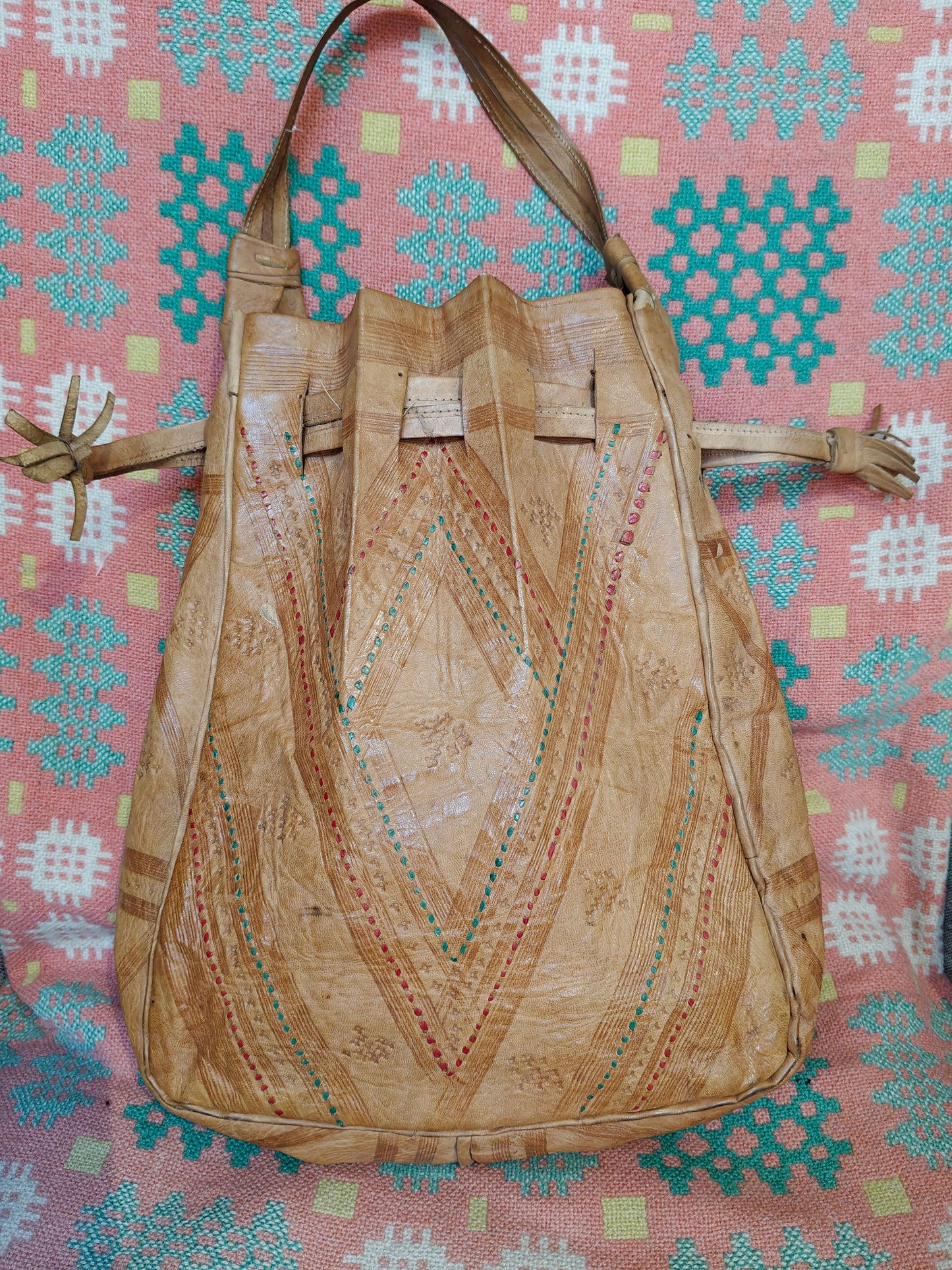 Boho handbag with leather draw string