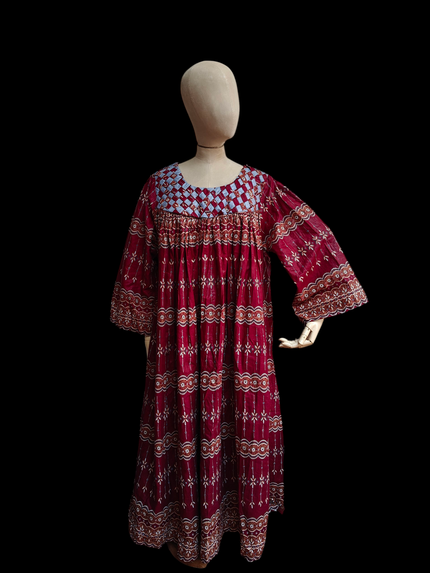 Boho maxi dress in burgundy floral print.