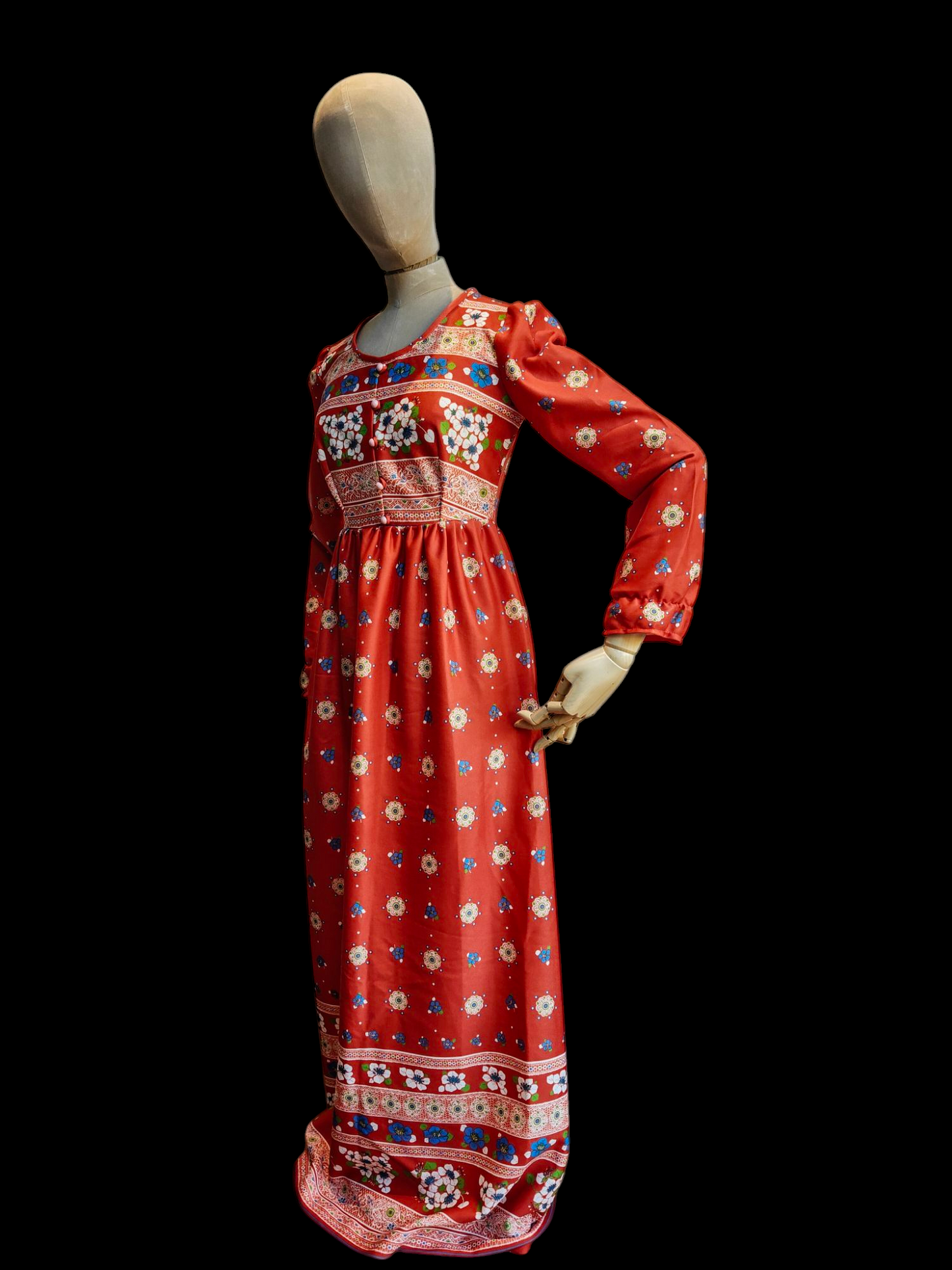 Boho vintage maxi dress in orange white and blue