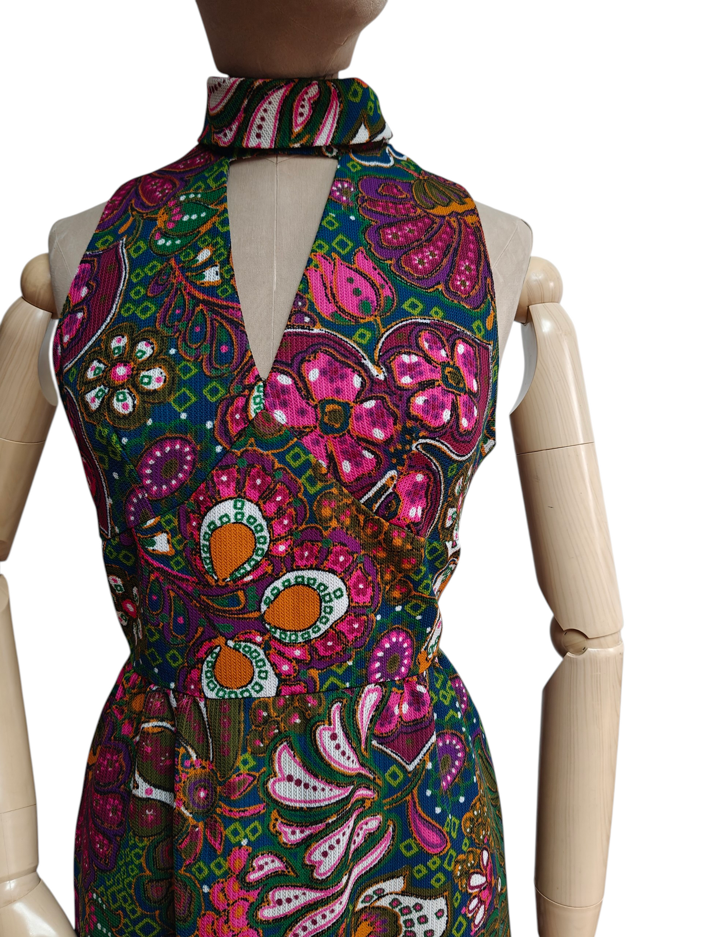 Colourful 70's floral print dress in pinks, greens and orange
