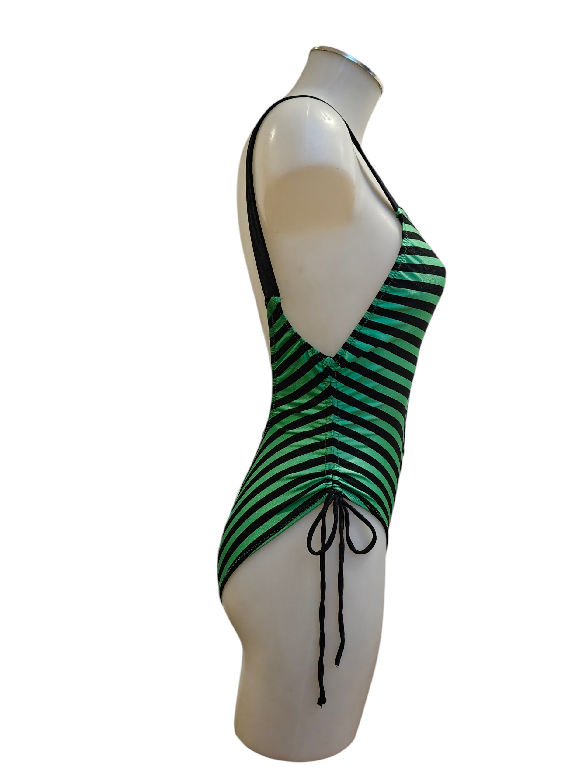 Green and black striped swimsuit with vintage style