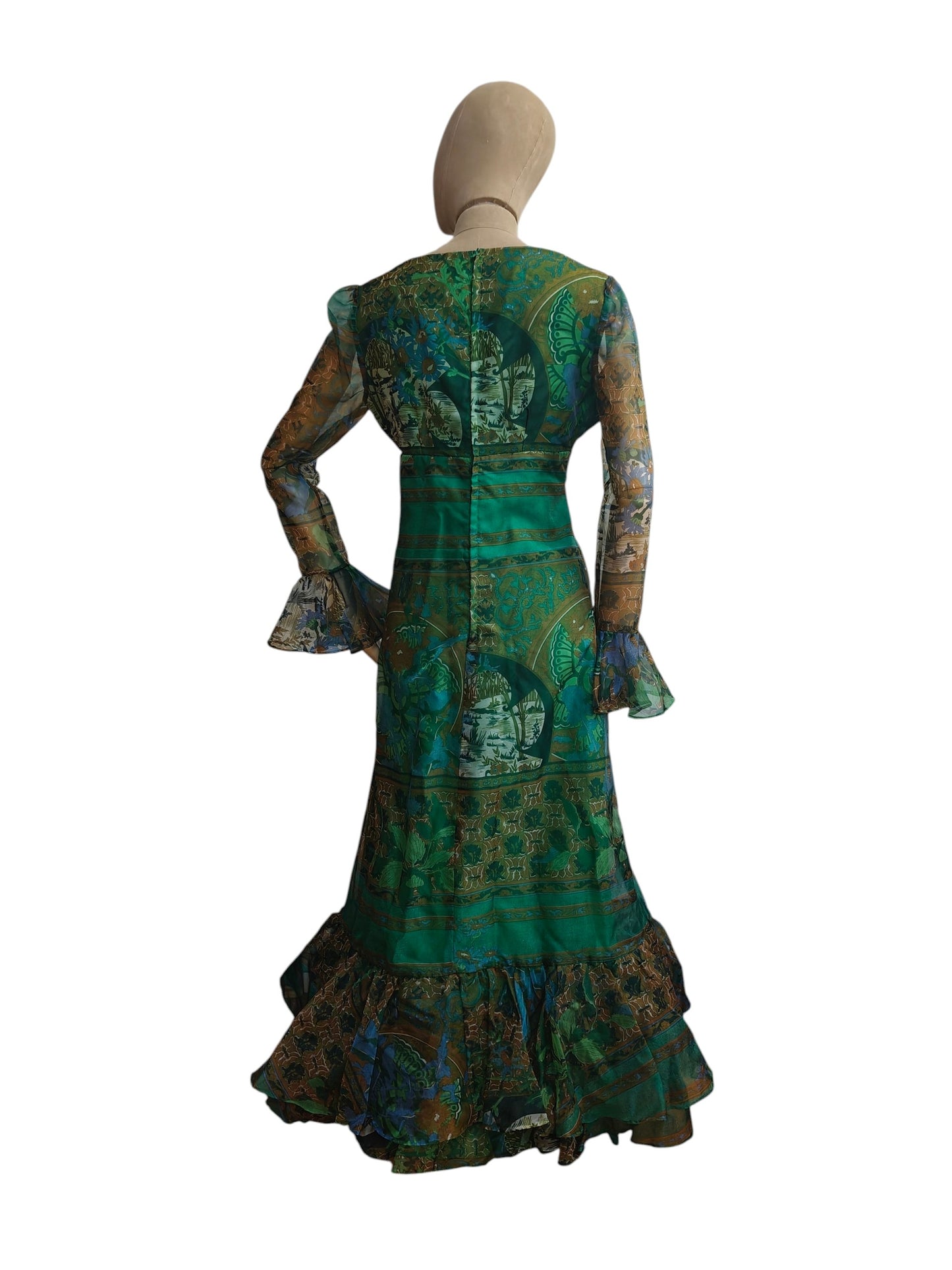 Green vintage maxi dress with flared sleeves
