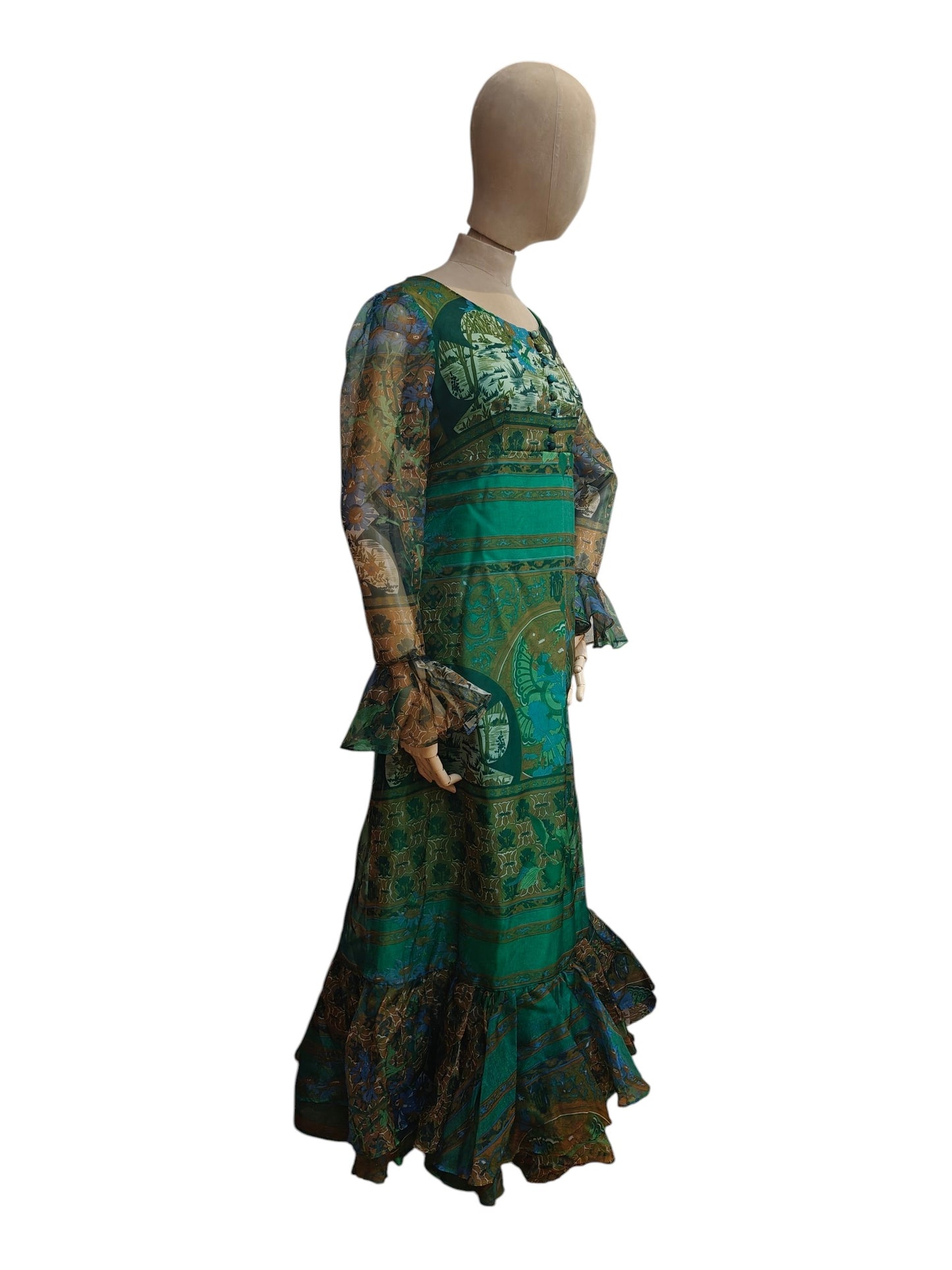 Green vintage maxi dress with green novelty print