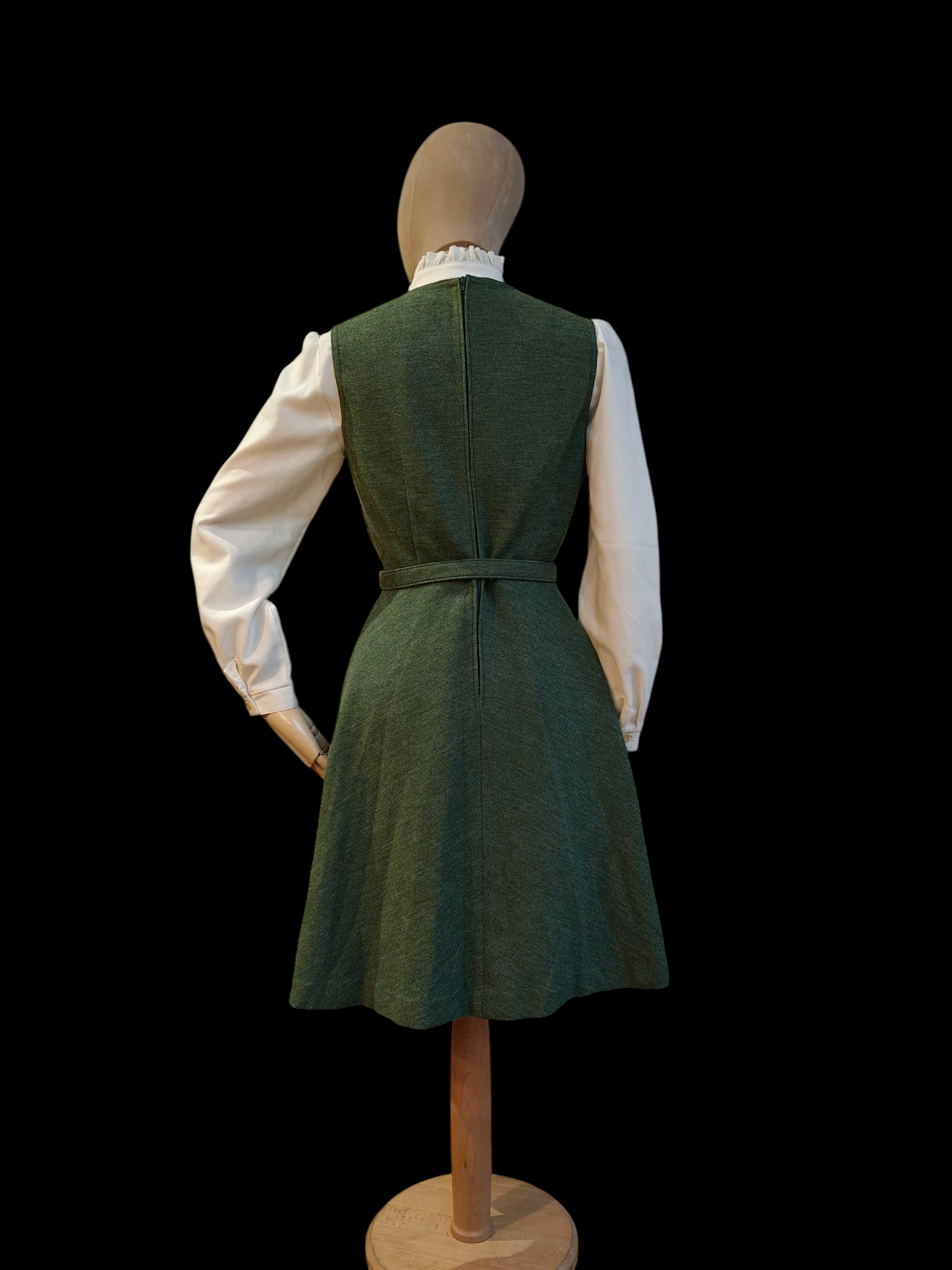 Green wool vintage pinafore dress with belt