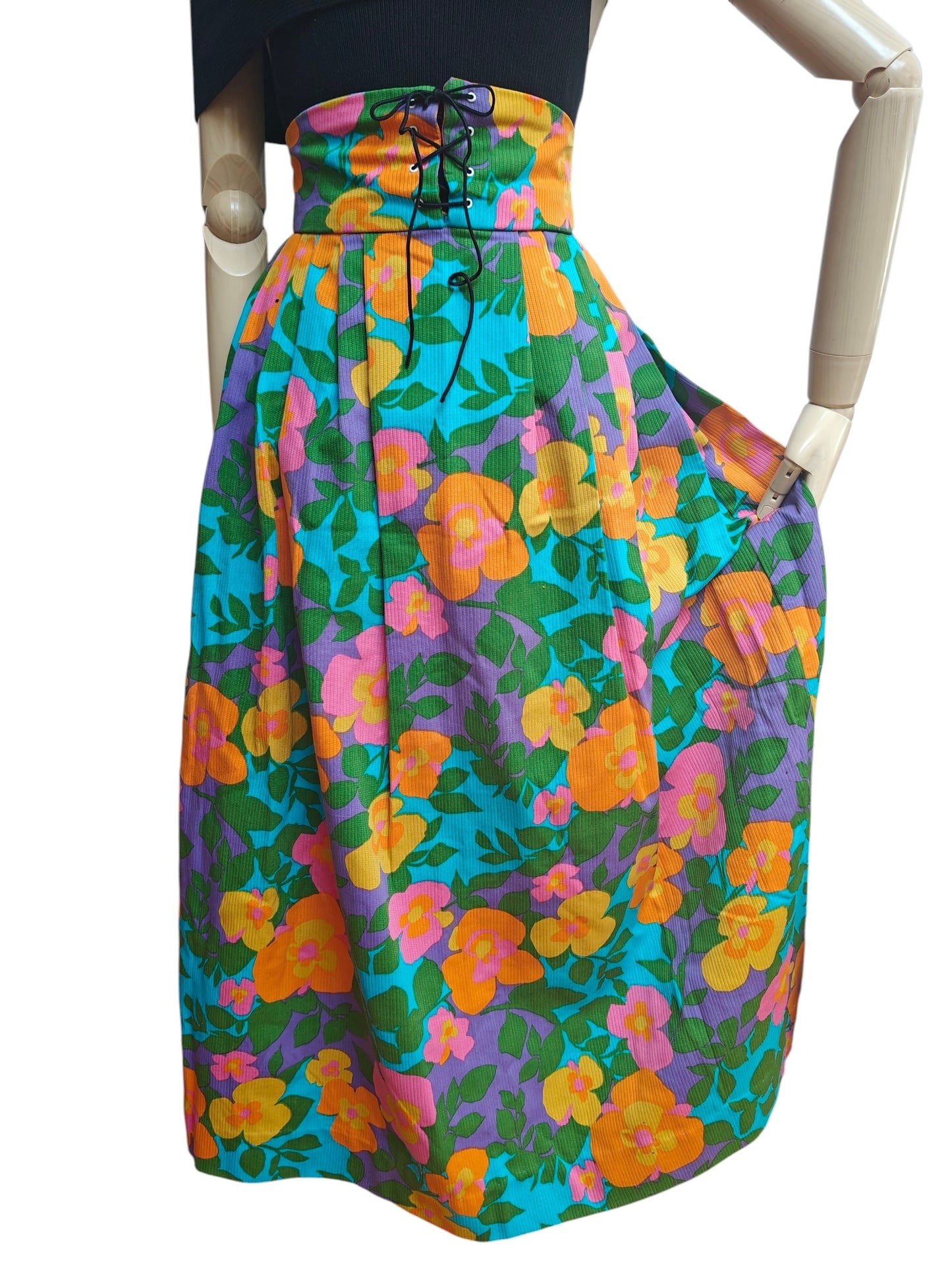 Handmade vintage summer skirt with orange and pink flower design