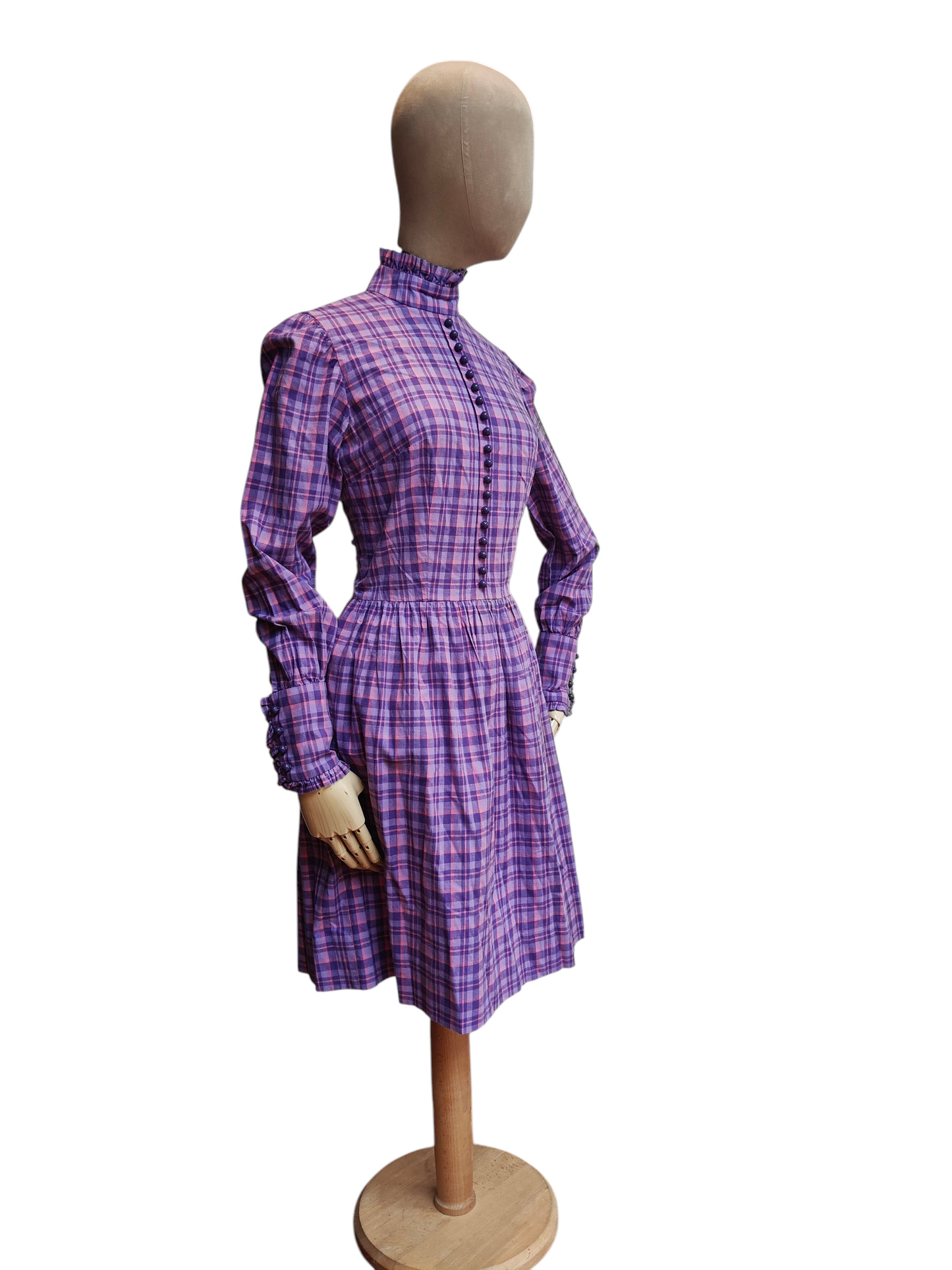 High neck prairie dress in purple and pink plaid