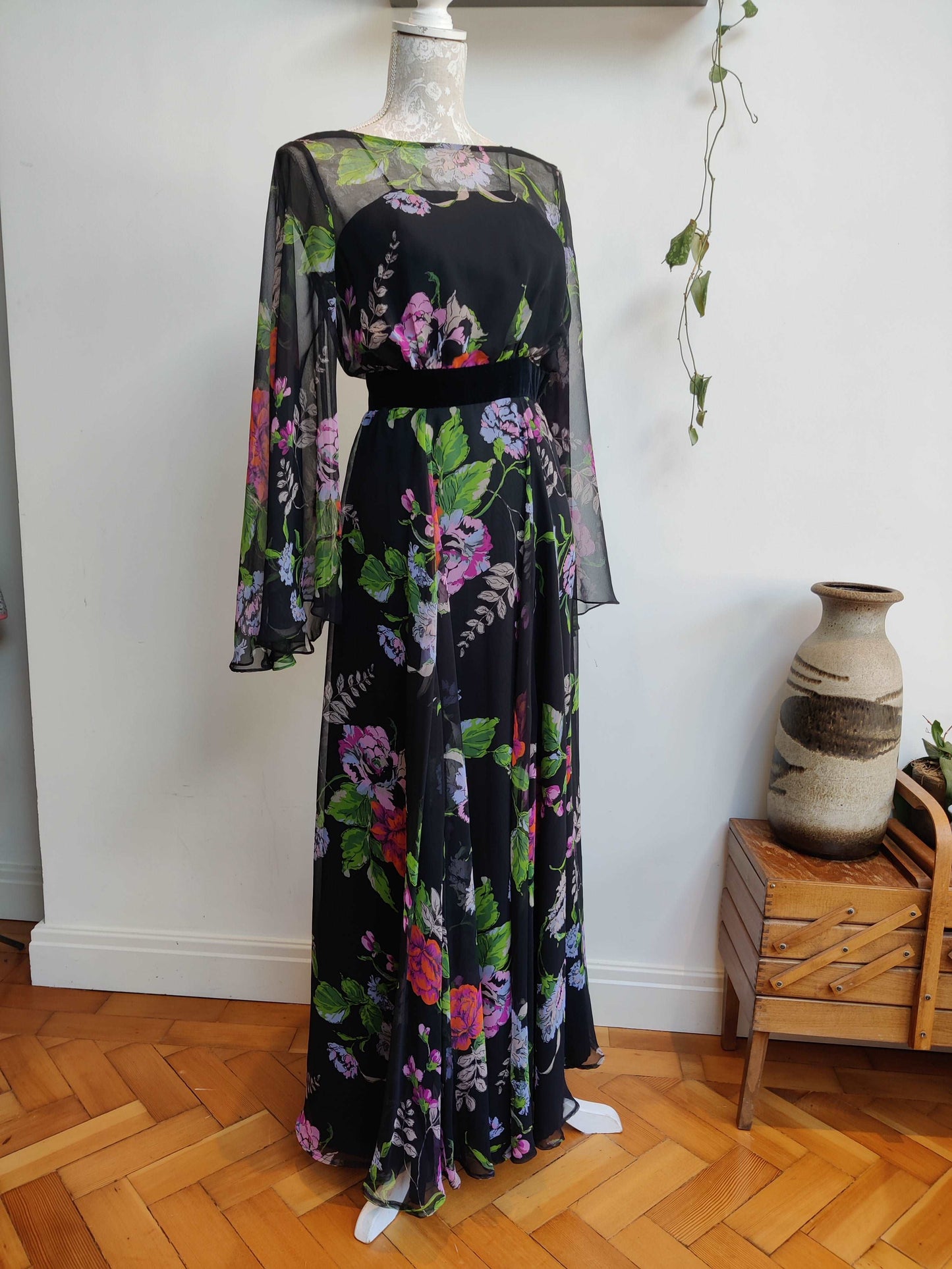 Black floral 70s maxi with angel sleeves