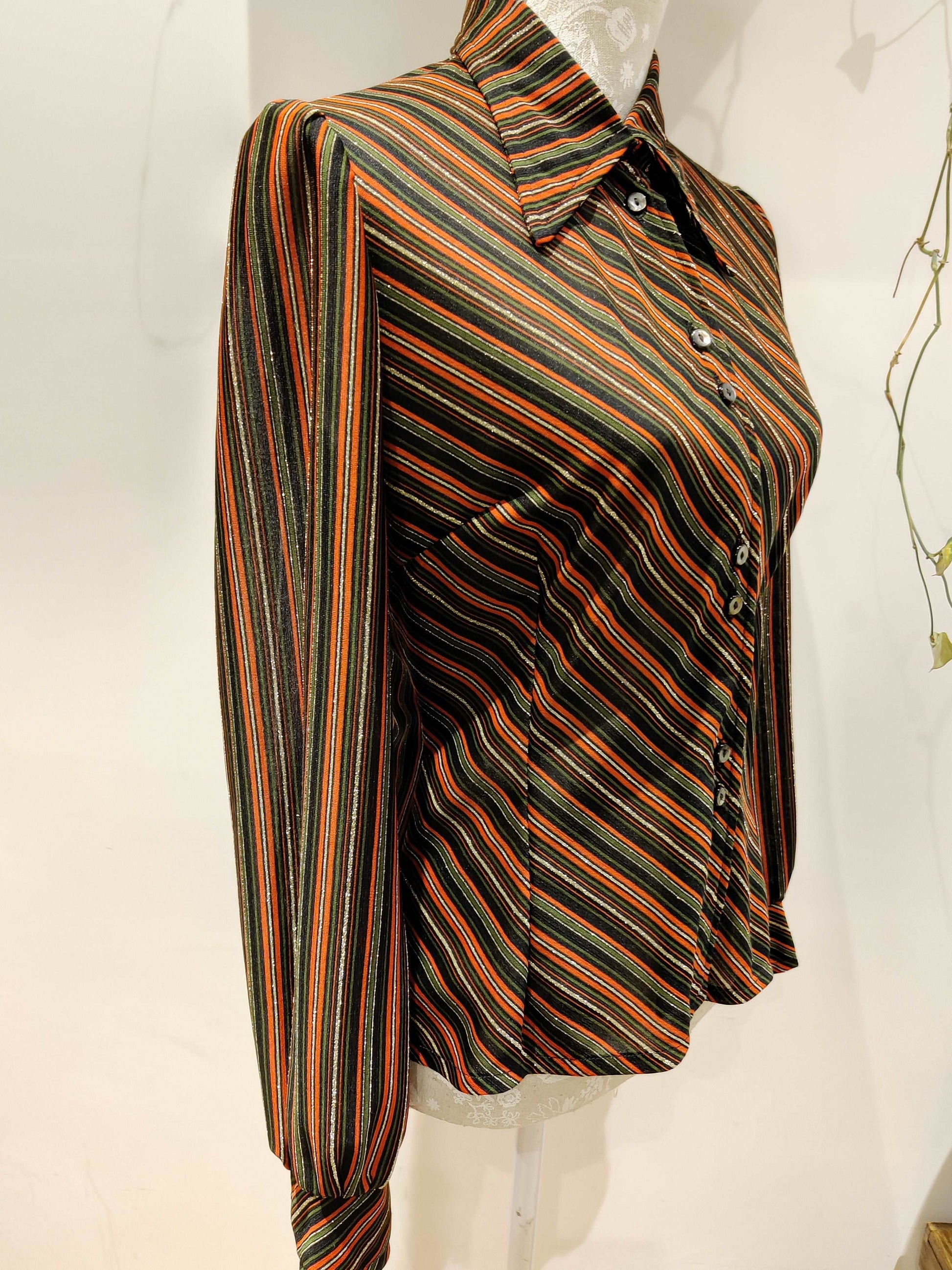 70s dagger collar shirt with lurex sparkle stripe. size 8