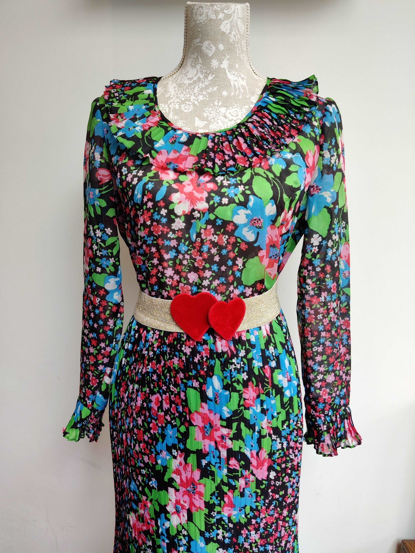 Pleated vintage maxi dress. Rainbow floral