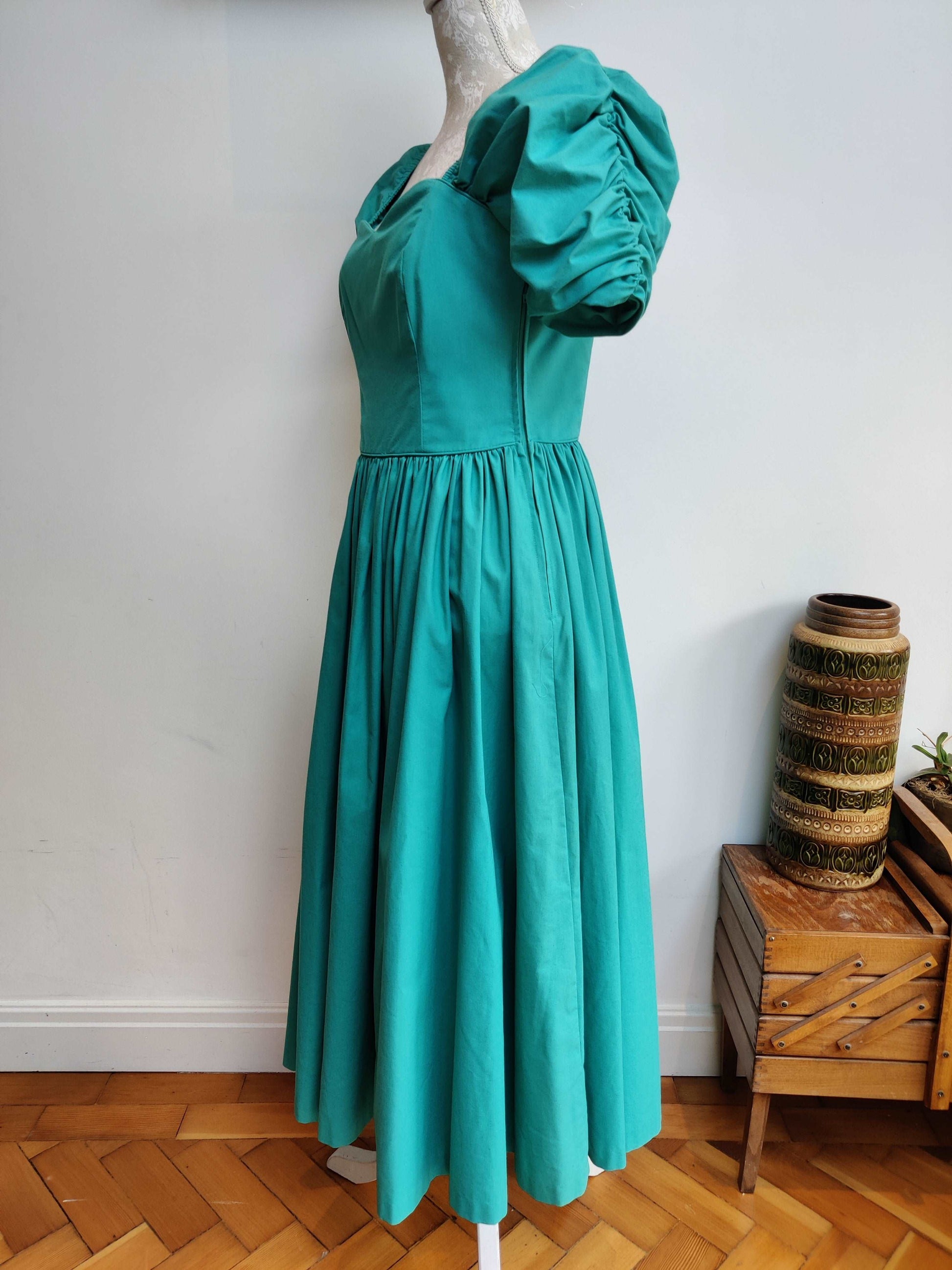 80s Laura Ashley green dress with ruched sleeves