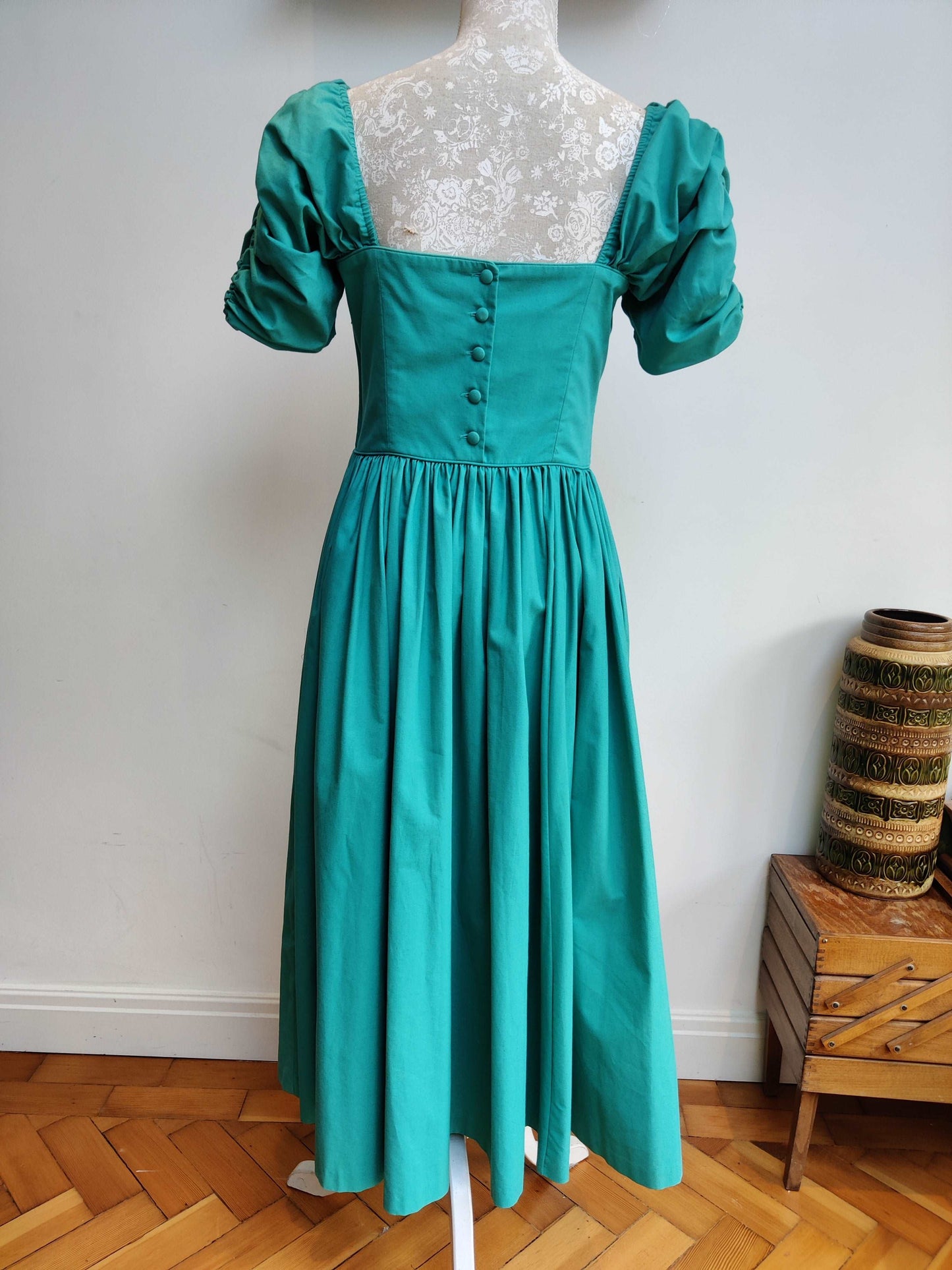 Green Laura Ashley 80s dress with fit and flare style