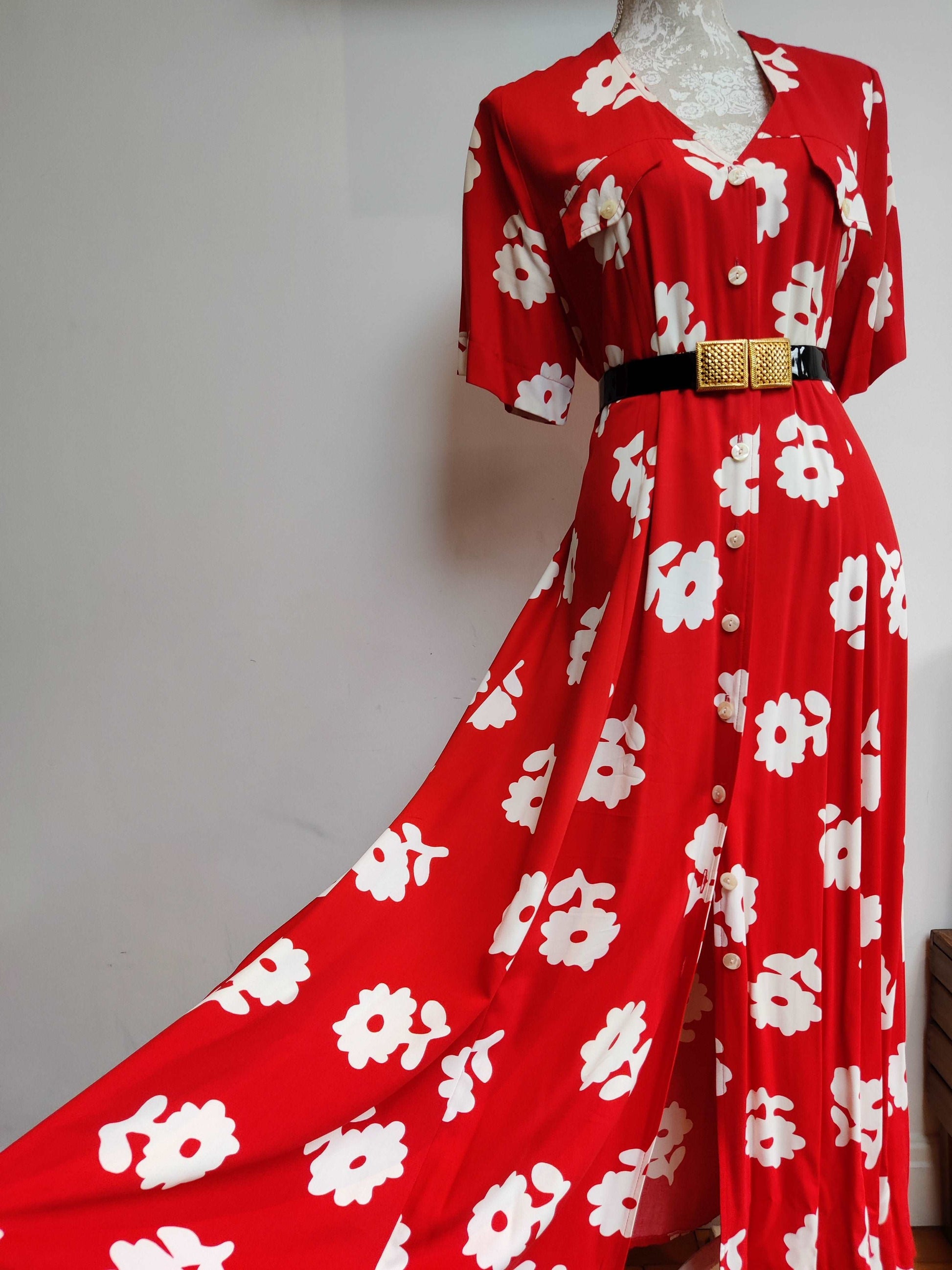 80s red and white maxi dress