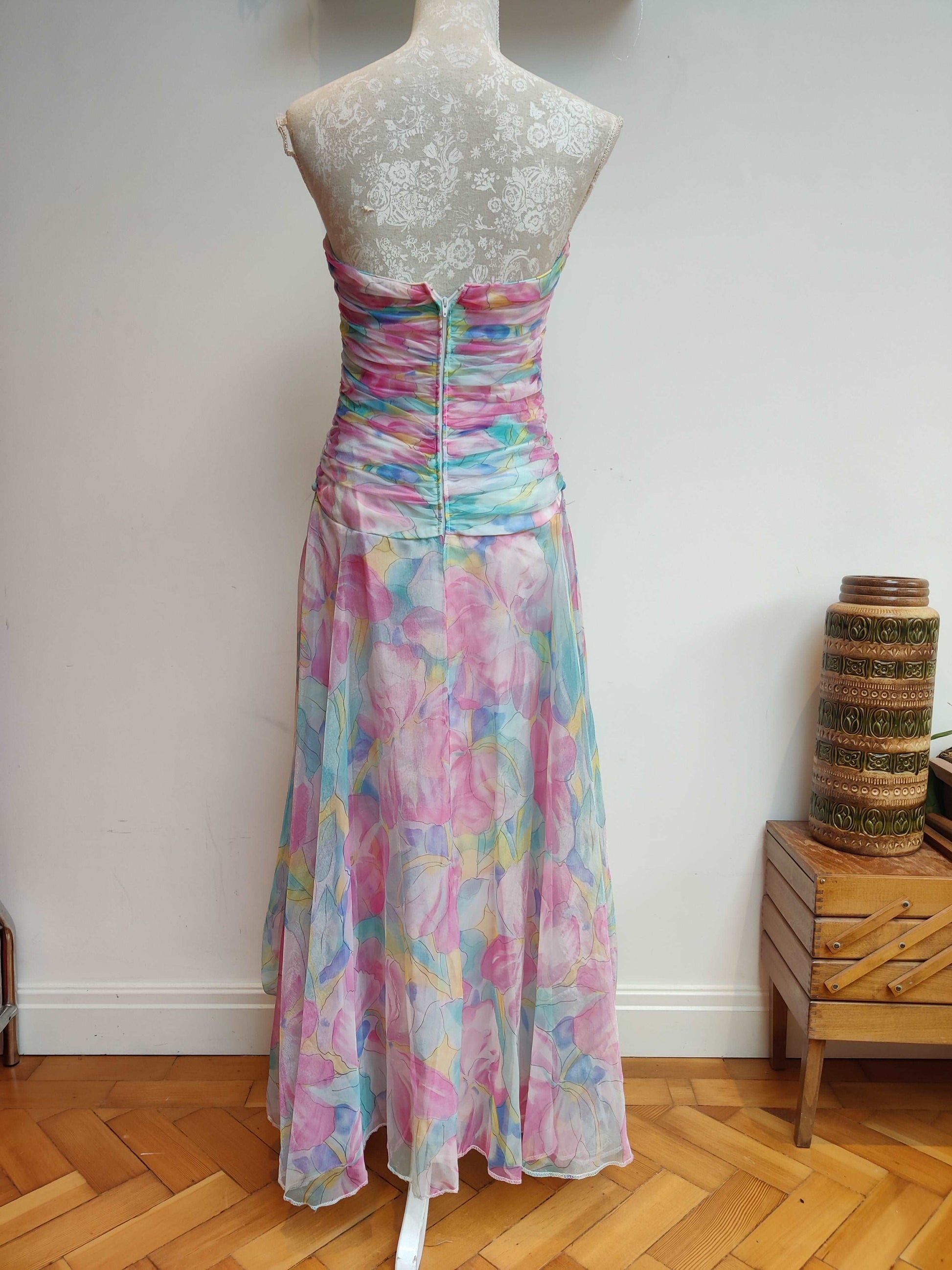 Colourful 80s gown with strapless bodice