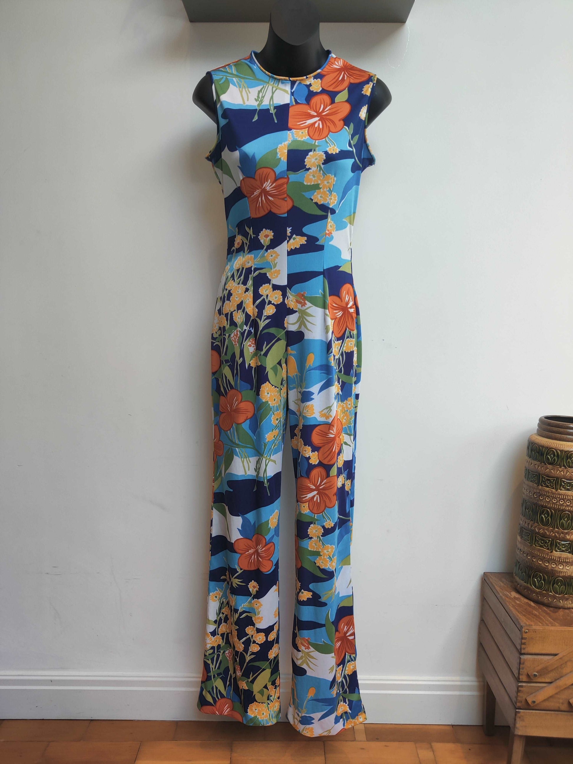 1970s jumpsuit of dreams with blue and orange floral print size 10-12