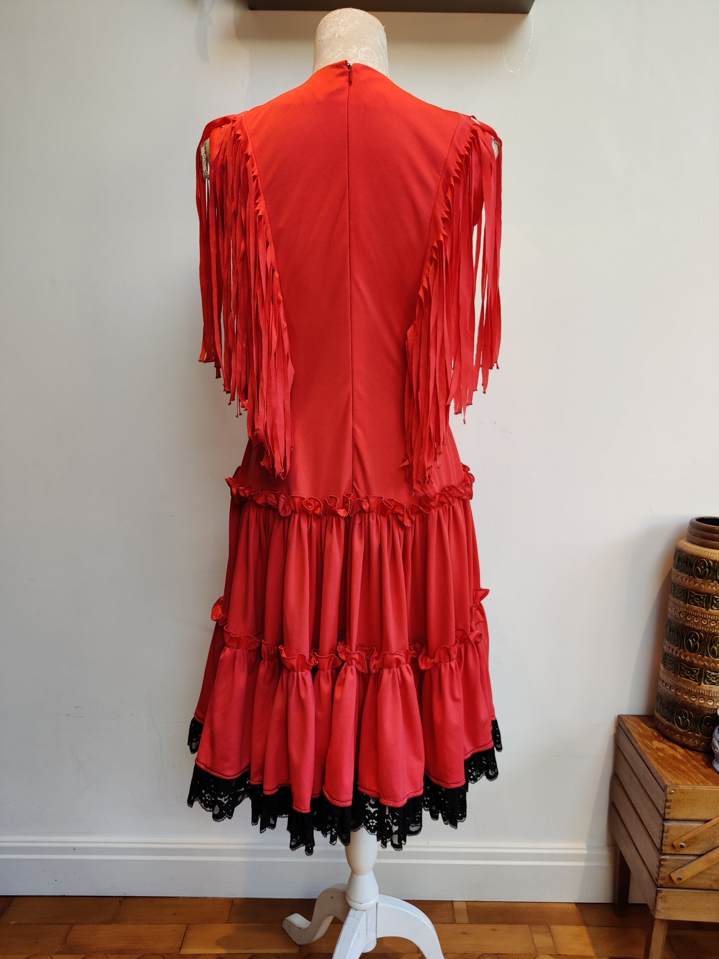 Red vintage dress with full skirt and tassels