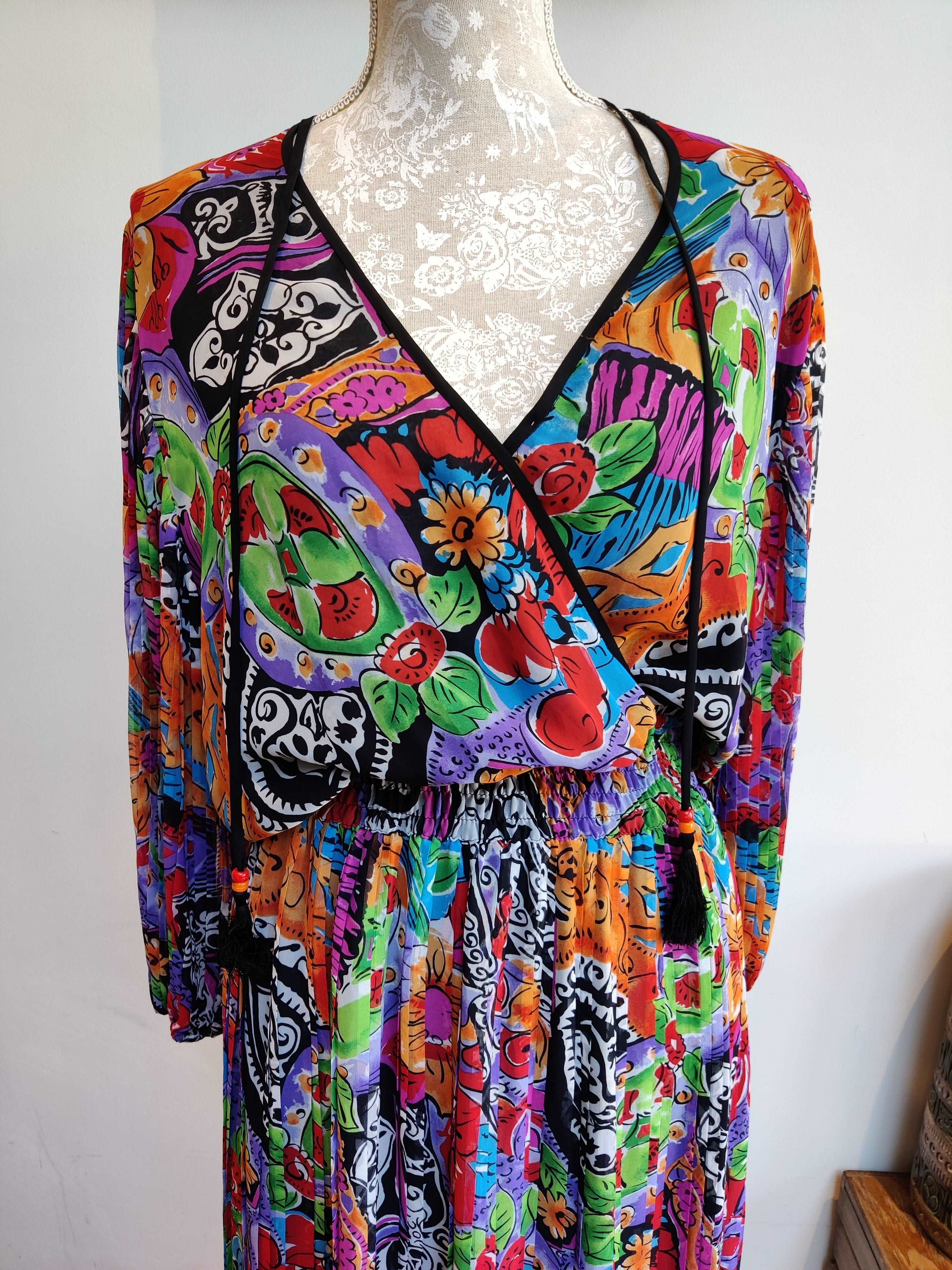 Stunning multicoloured 80s floral dress by Diane Freis.