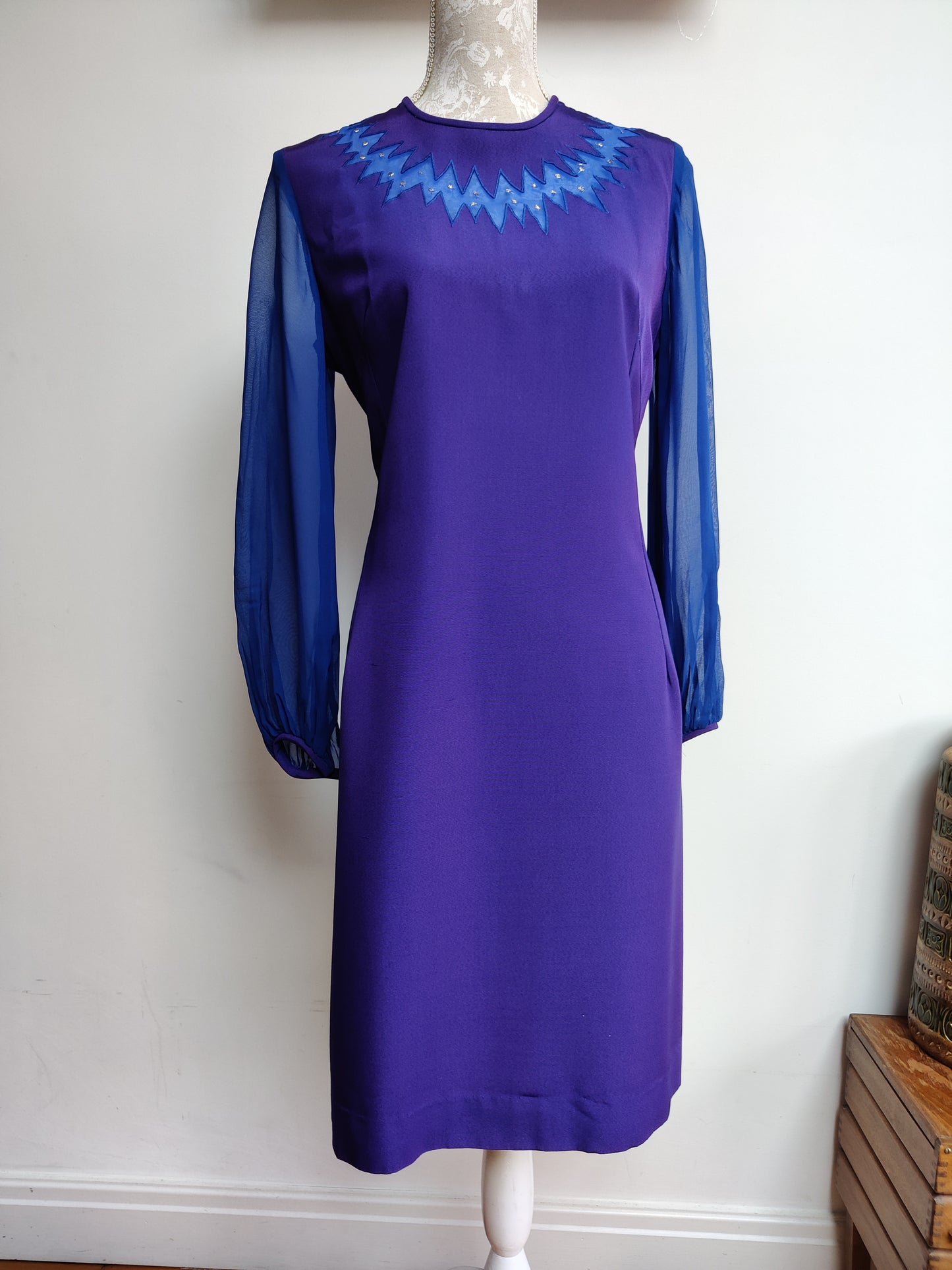 Stunning purple and blue 60s dress with zig zag trim