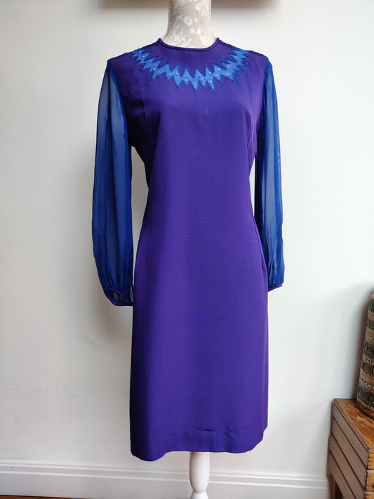 Stunning purple and blue 60s dress with zig zag trim