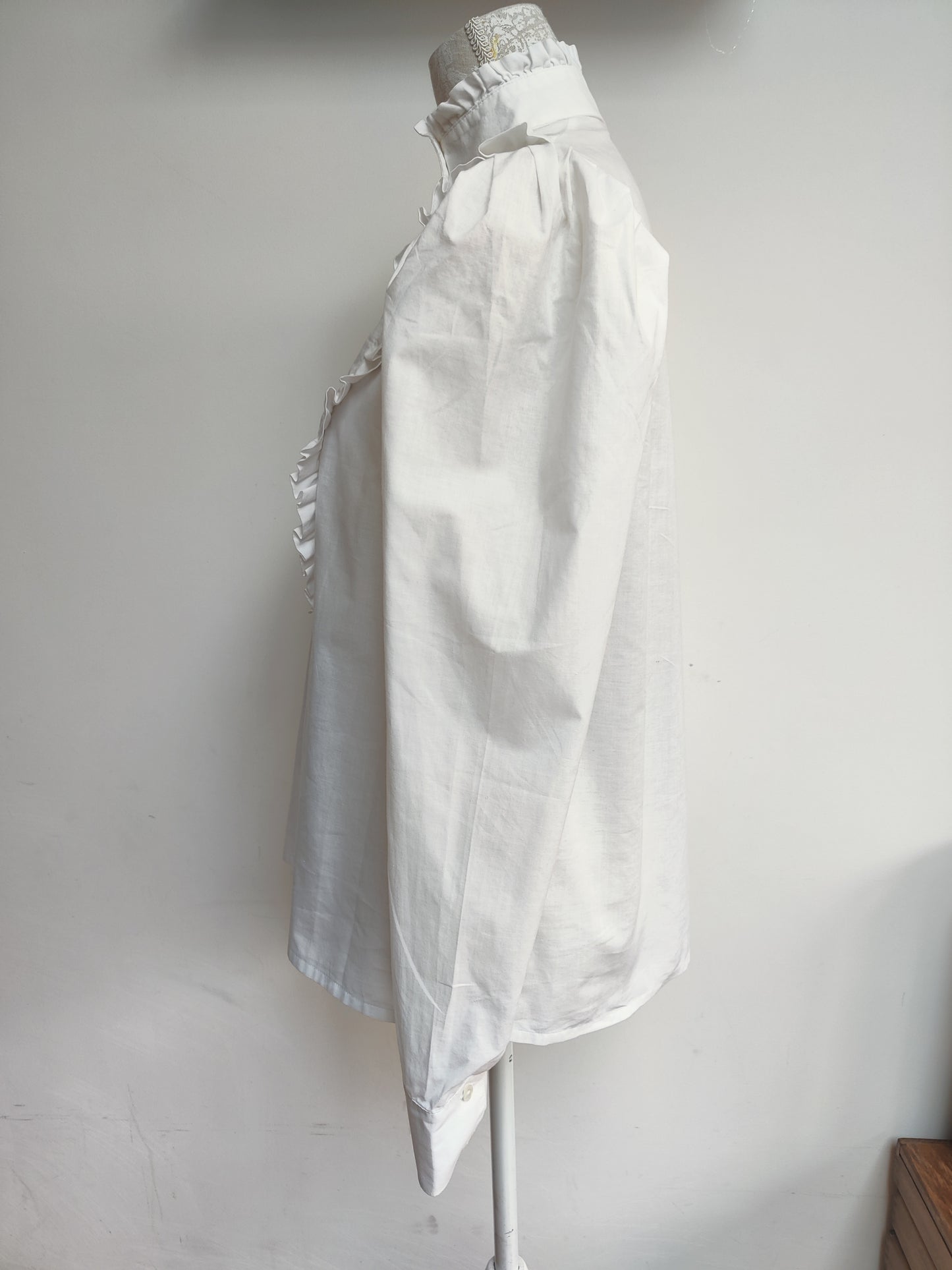 Vintage Laura Ashley high neck Edwardian style white blouse with ruffle bib. Size 12-14.