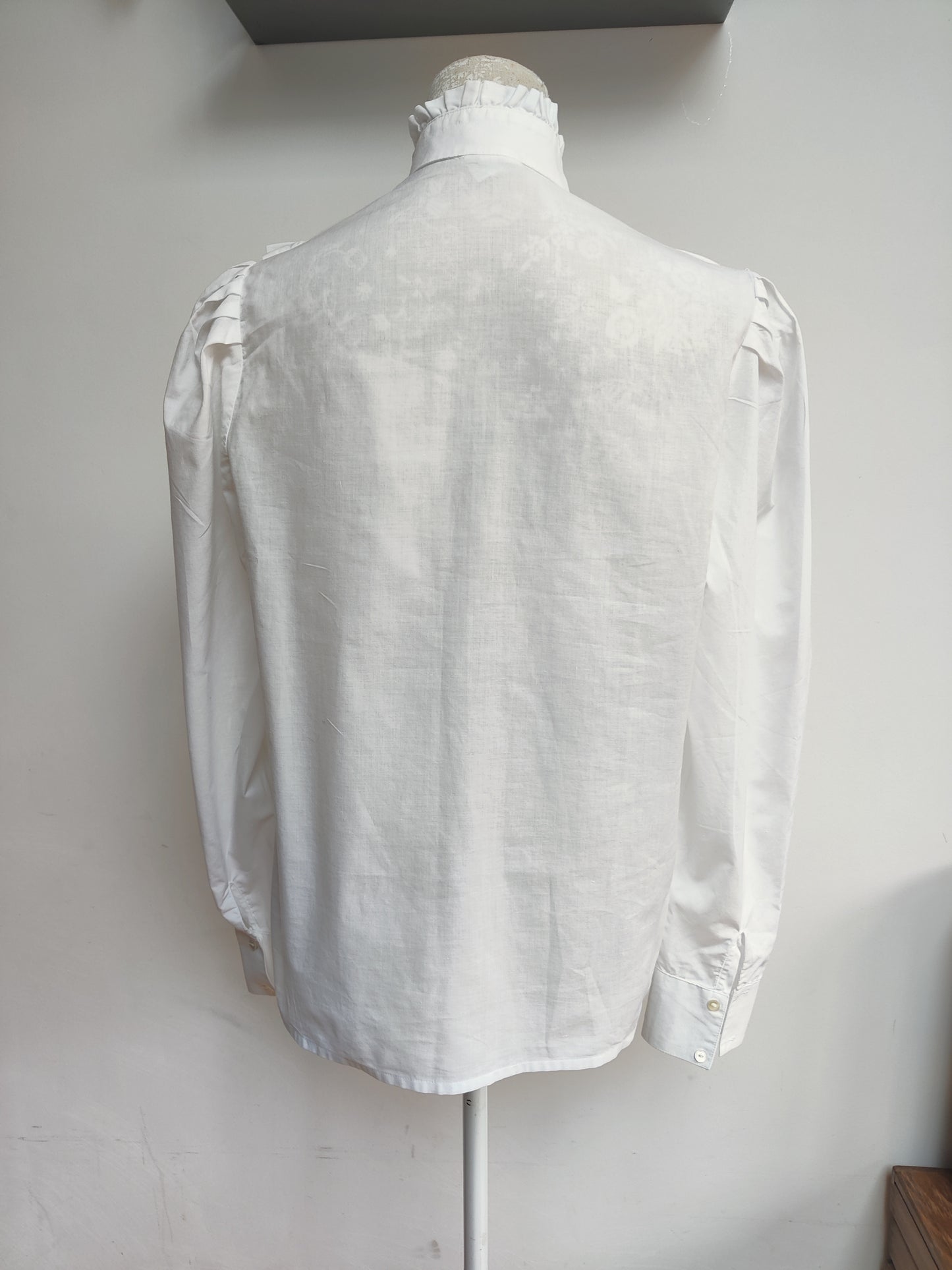 Vintage Laura Ashley high neck Edwardian style white blouse with ruffle bib. Size 12-14.