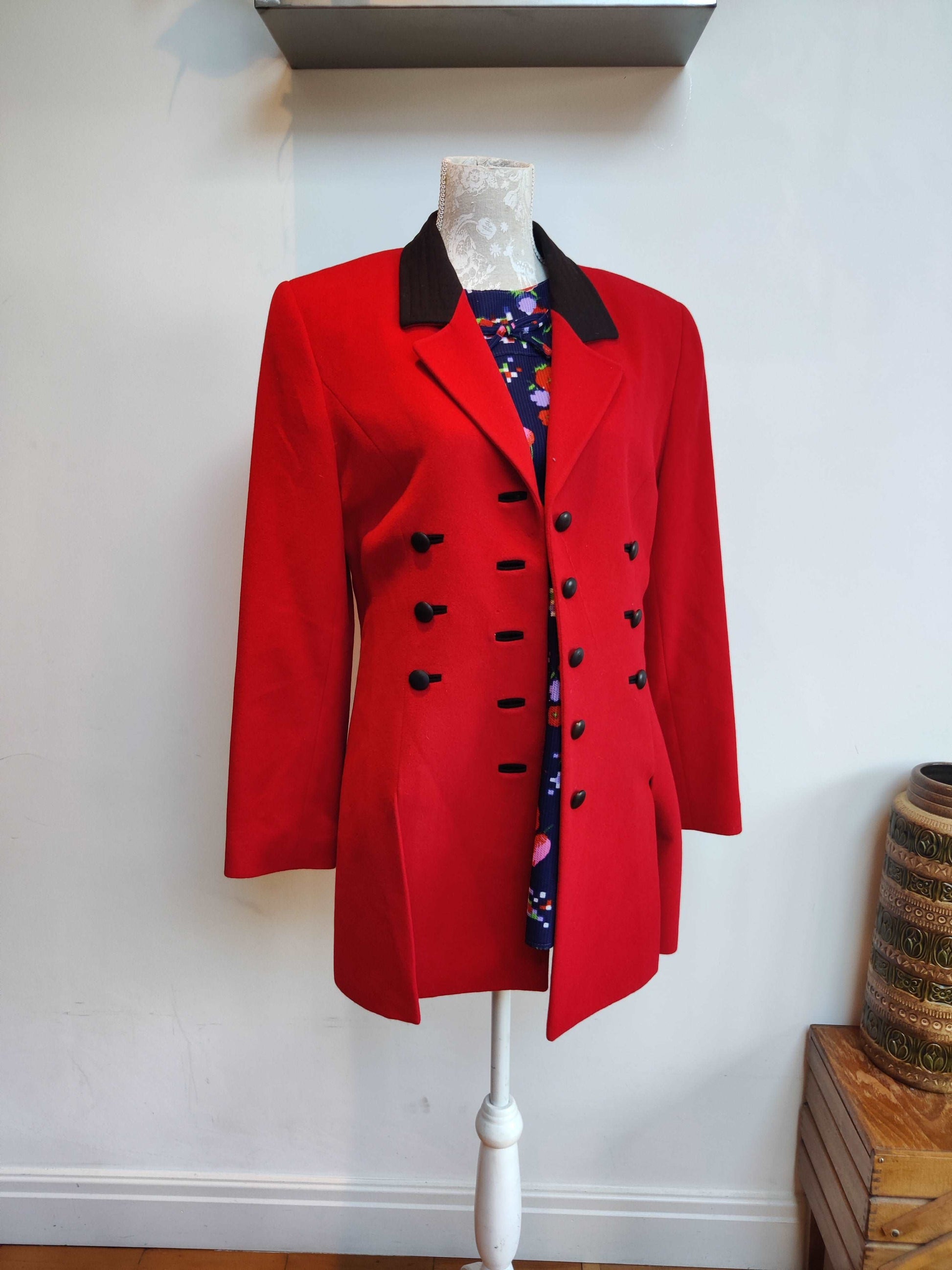 Red 80s Louis Feraud jacket with black velvet collar. size 12.