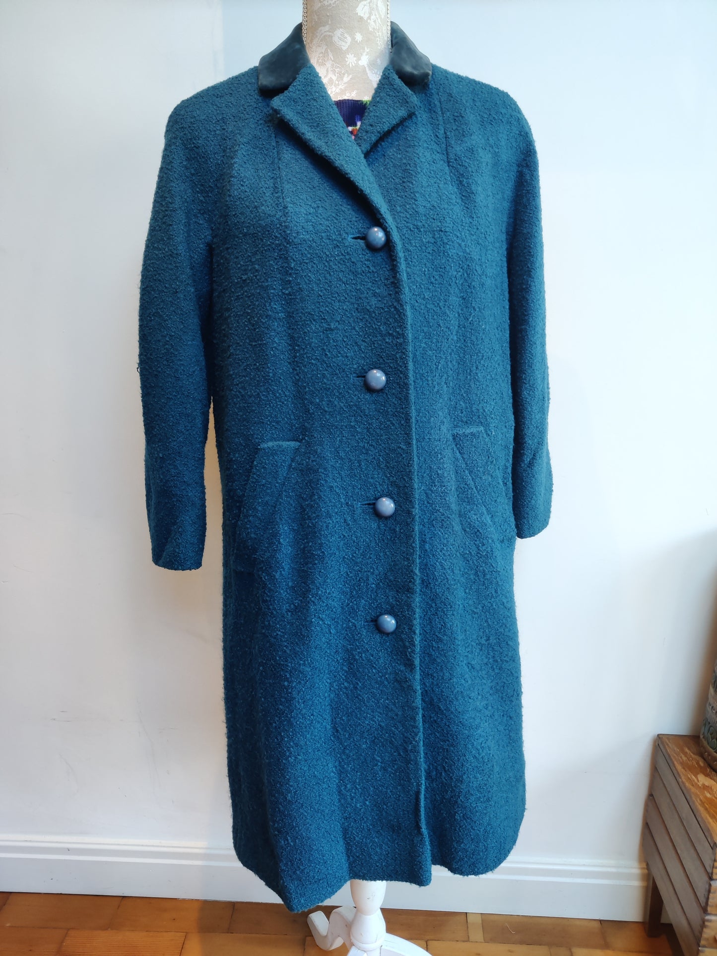 Stunning 1950s Aquascutum coat in blue wool with velvet collar.