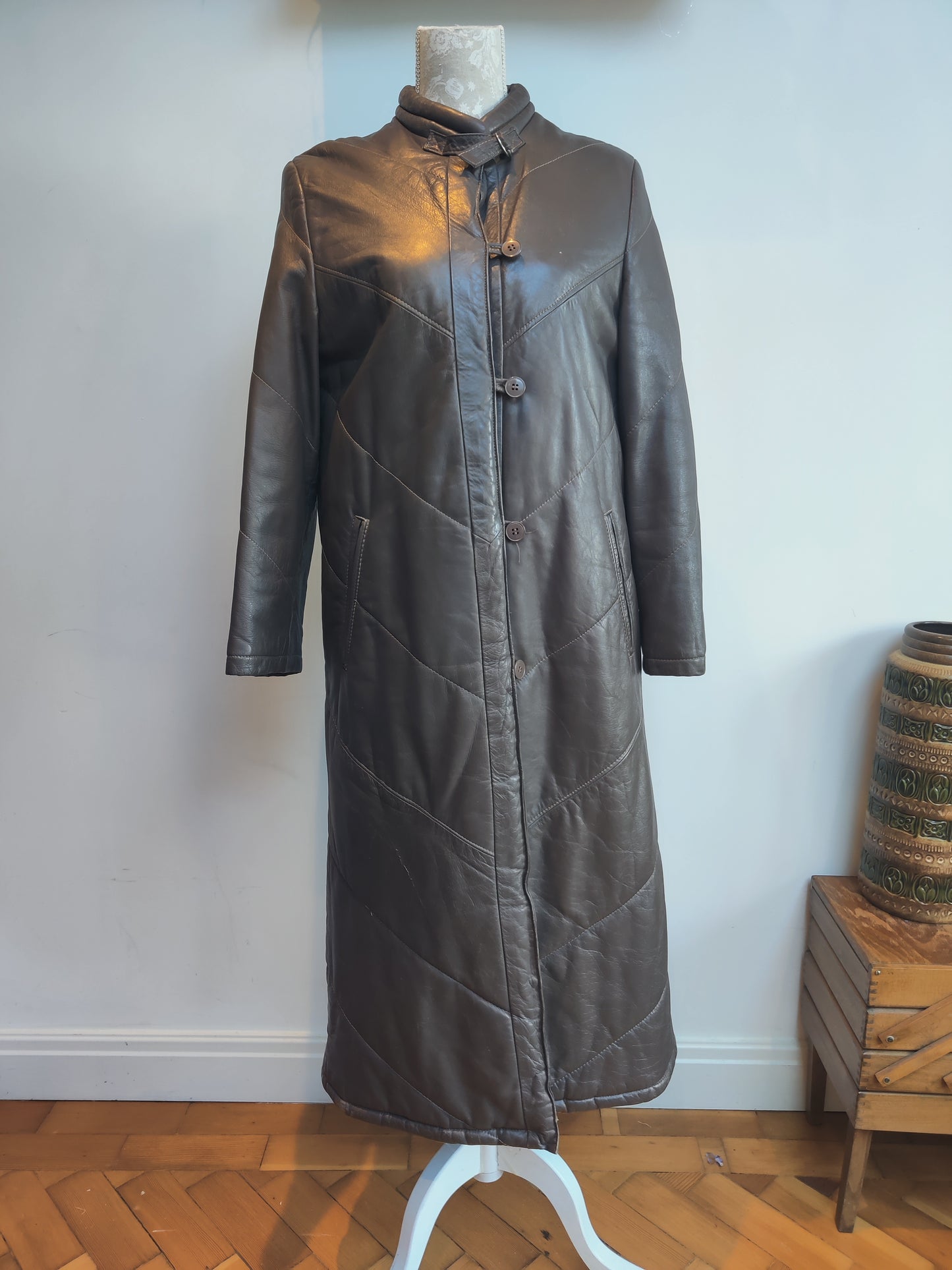 Long leather coat with chevron stitching. size 12