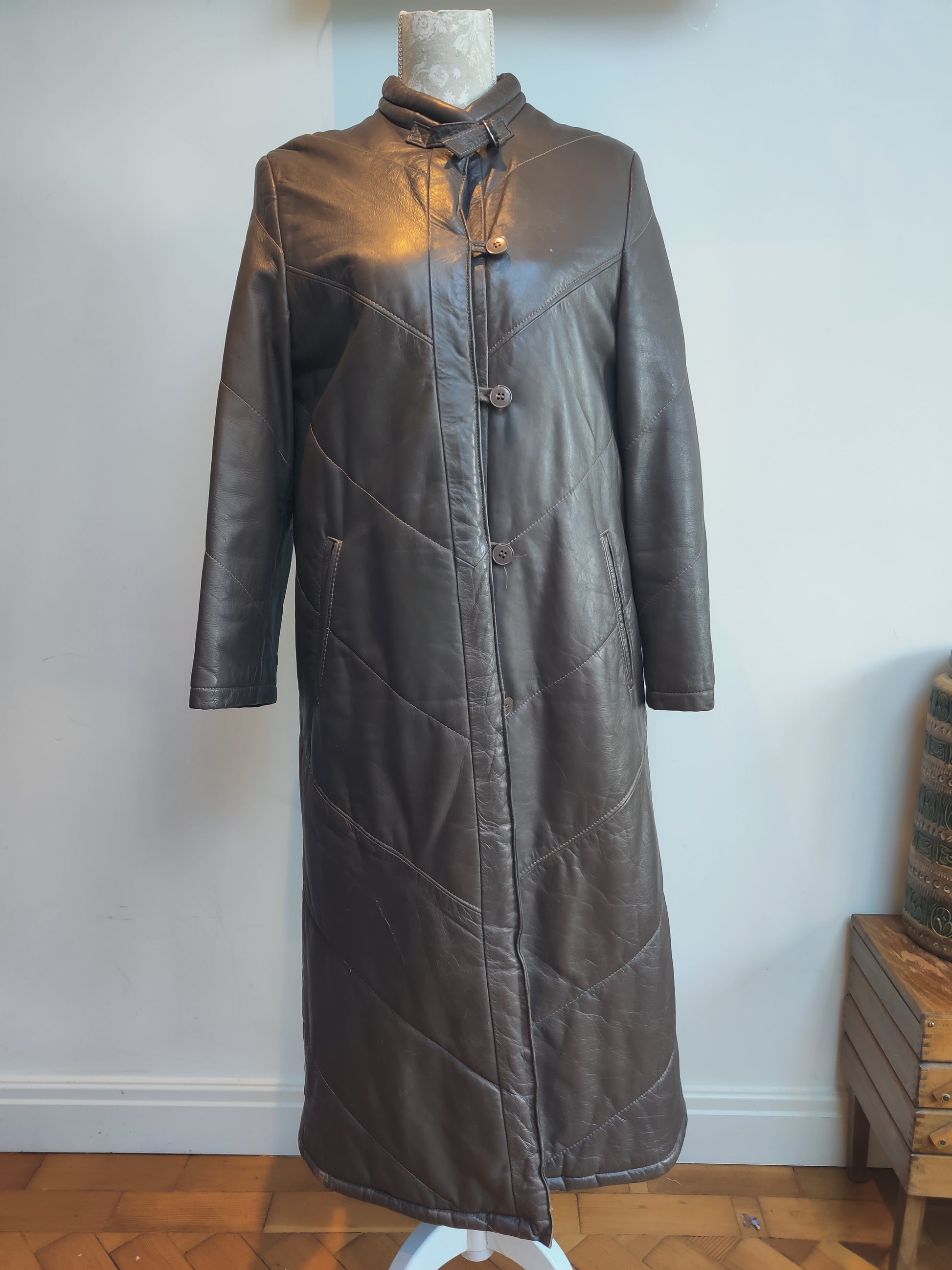 80s long leather coat in grey
