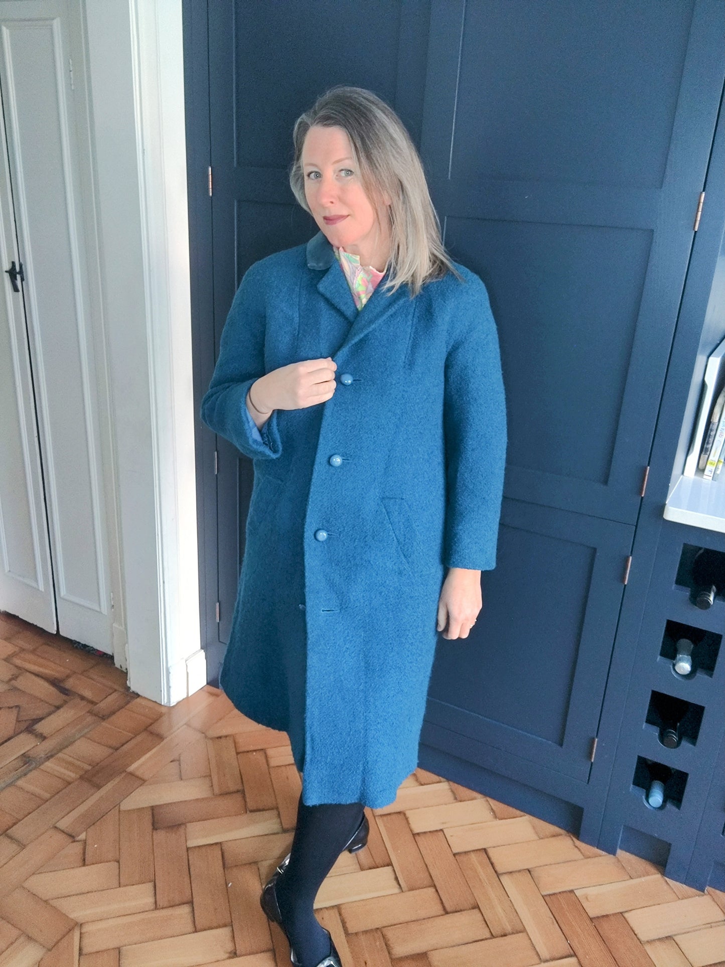 Stunning 1950s Aquascutum coat in blue wool with velvet collar.