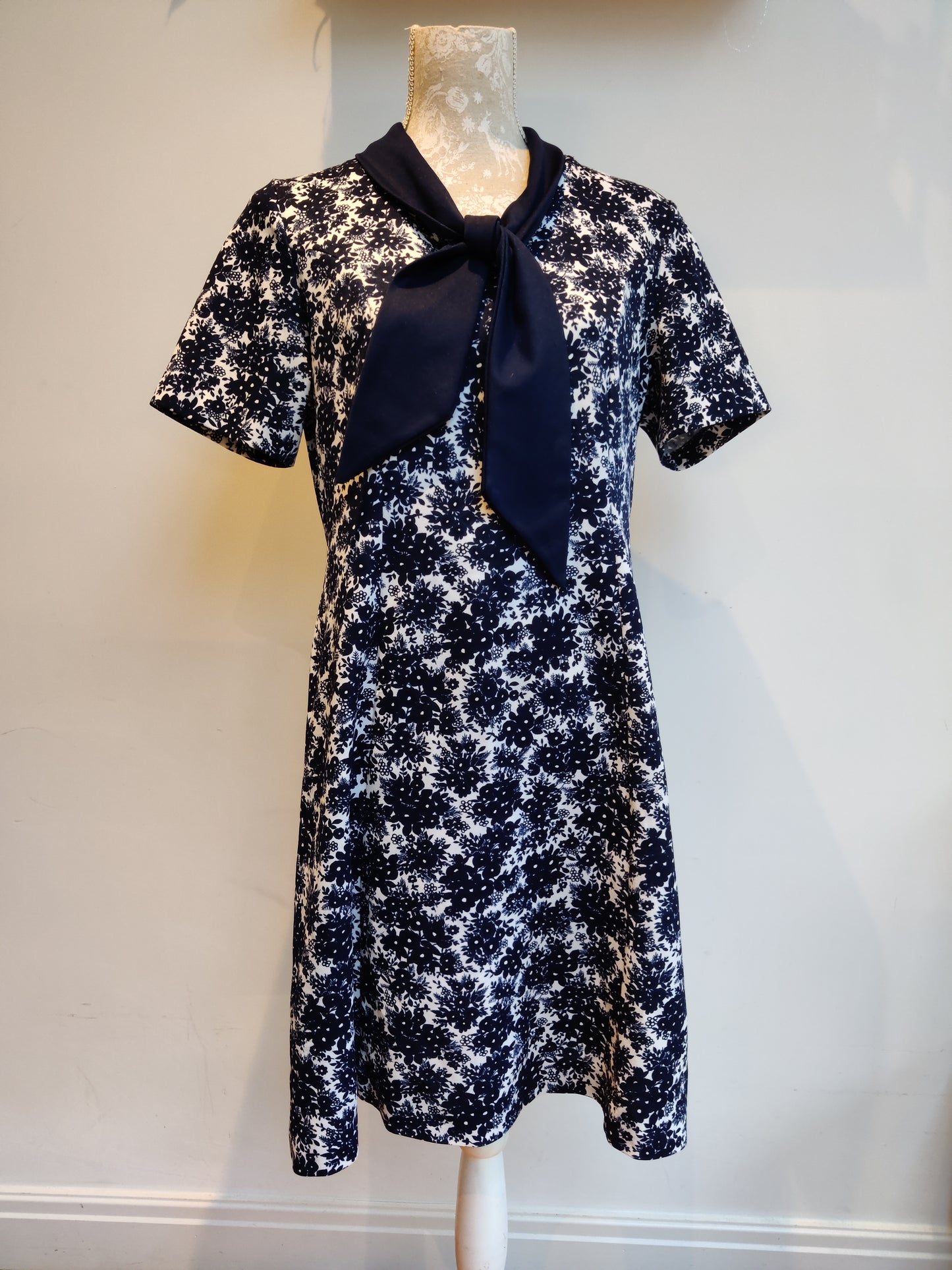 Navy 60s dress with pussy bow