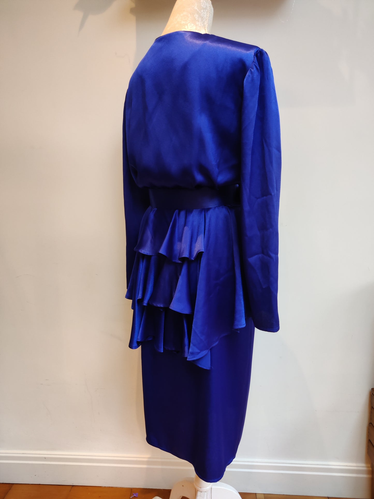 80s blue evening dress with belt.