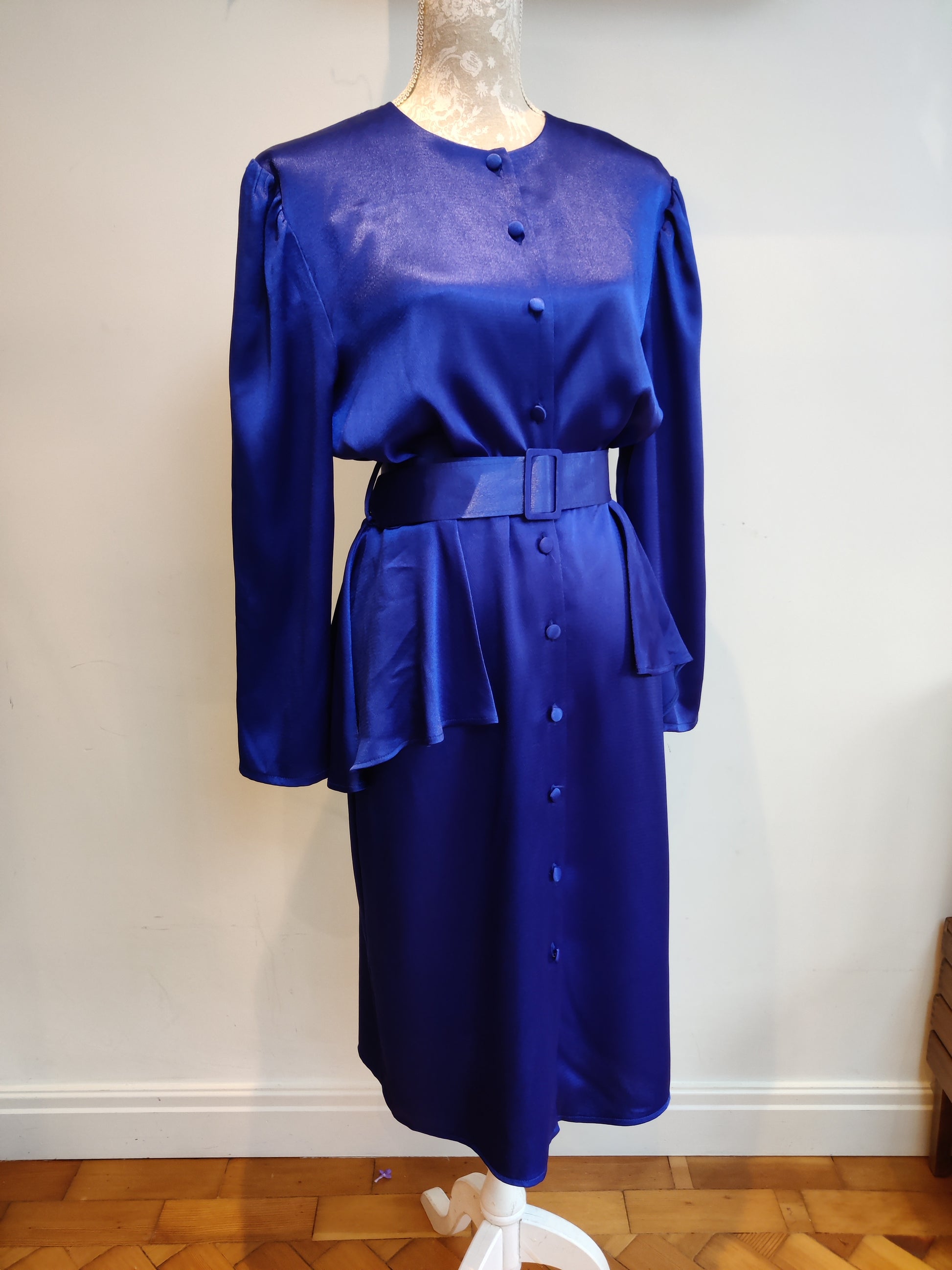 Blue silk like vintage dress with belt.