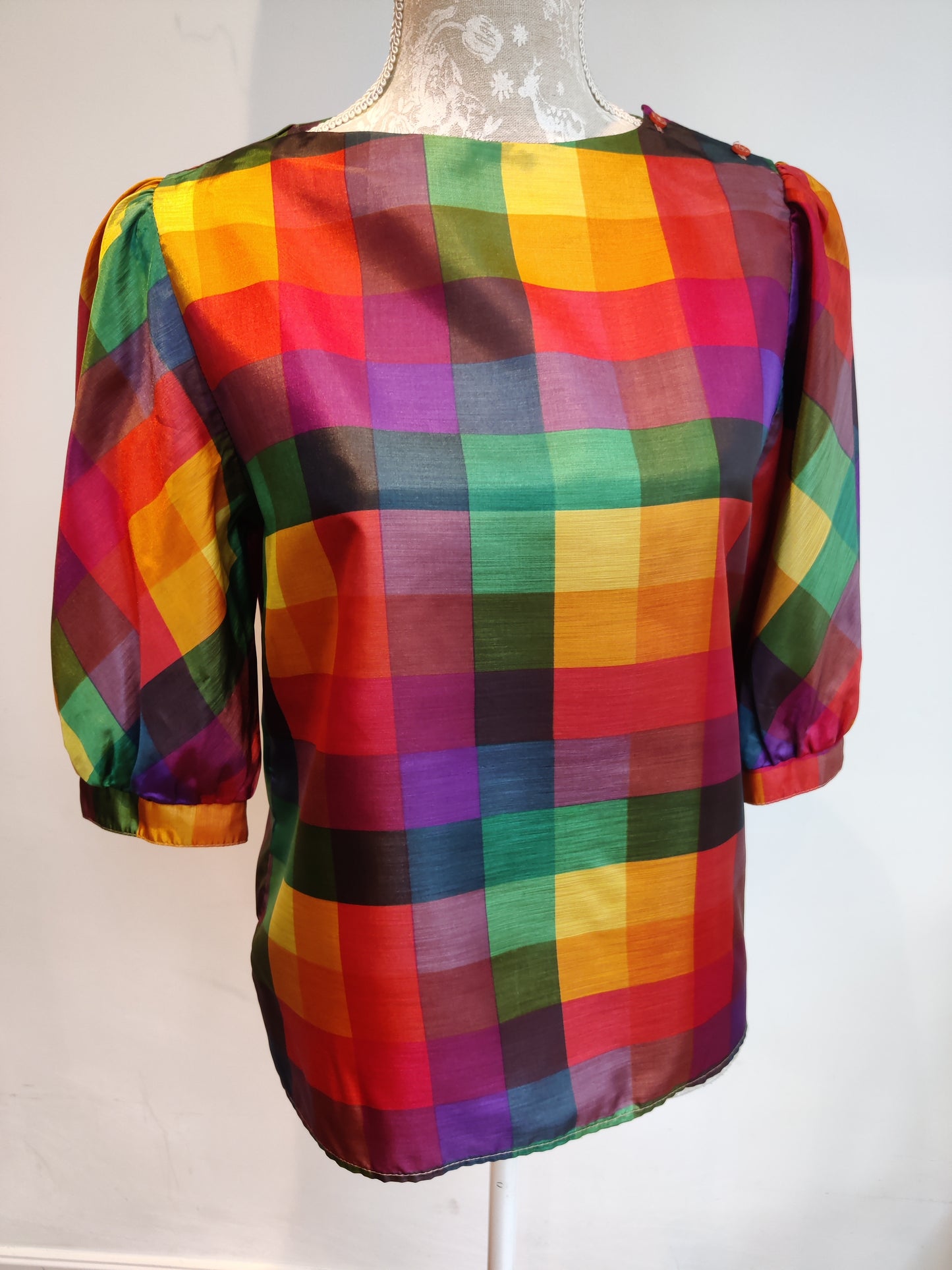 80's colourful check top with puff sleeves