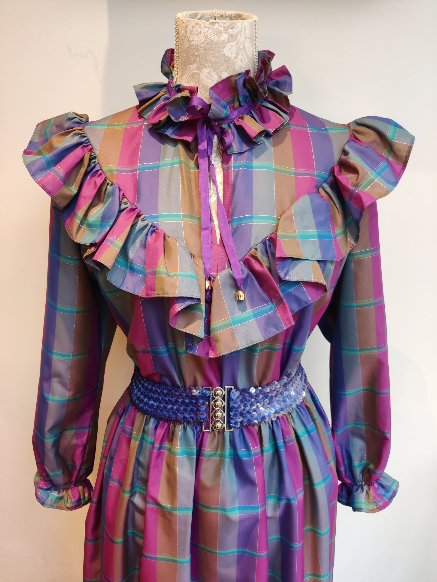 Vintage maxi dress in rainbow ruffle design.