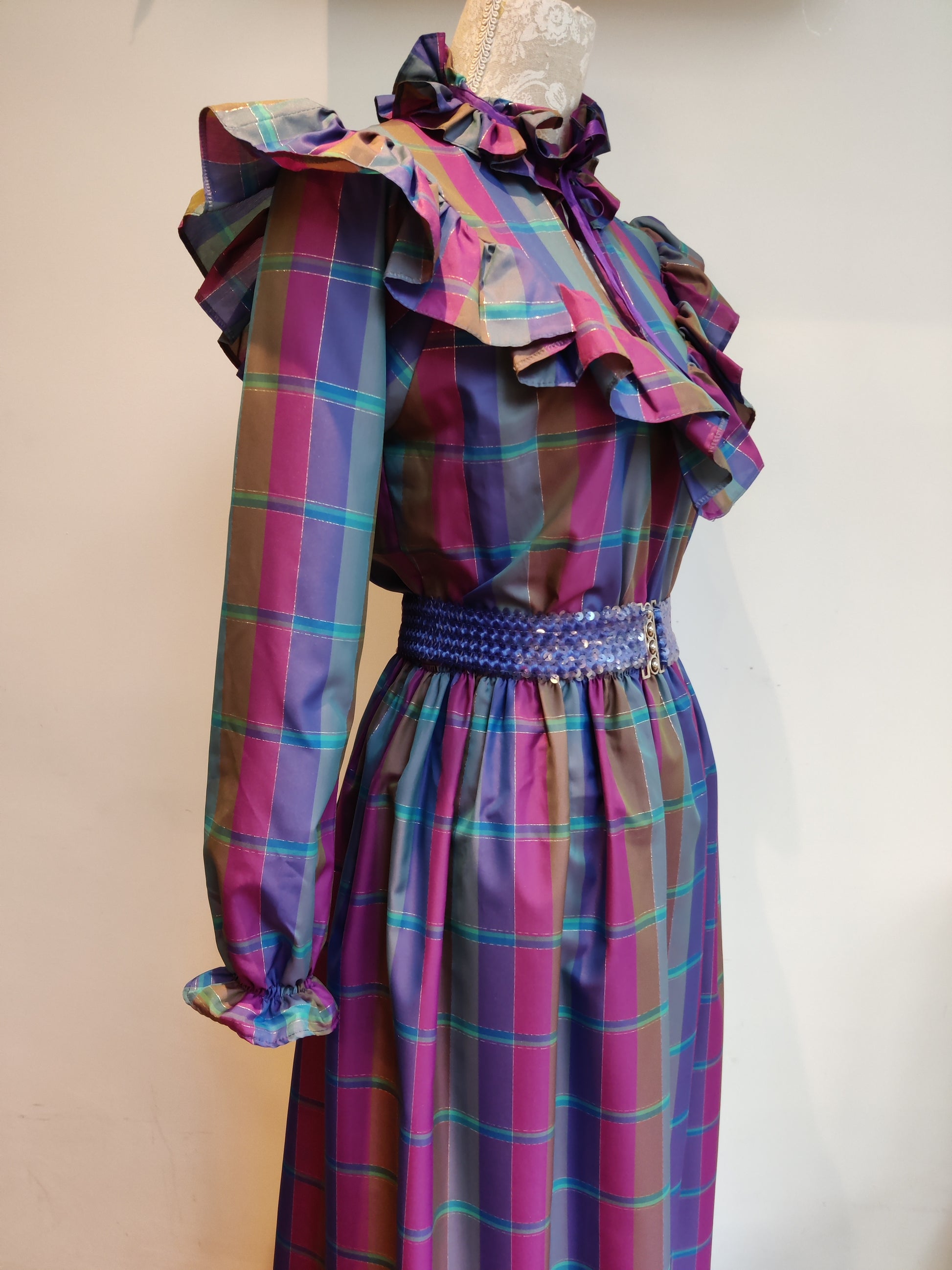 70s colourful maxi dress with frill bib